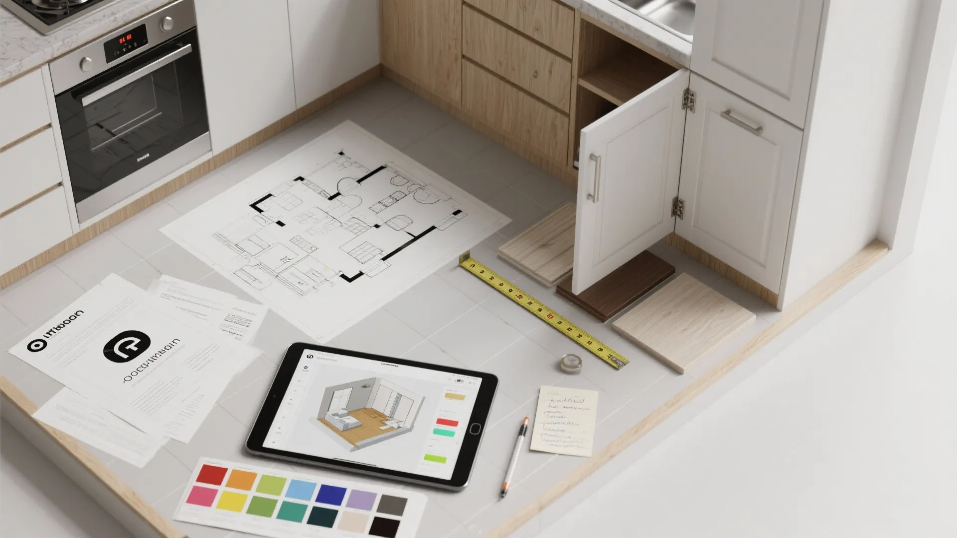 Top-down planning scene with floorplans, swatches and a 3D room planner for Dover White kitchen decisions.
