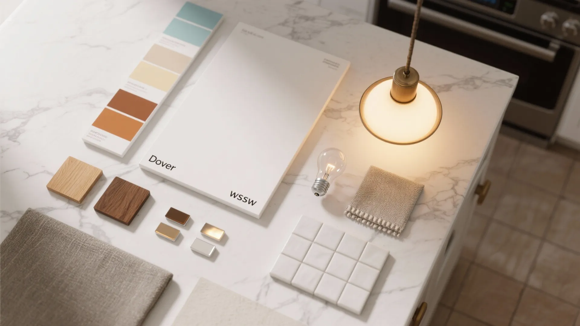 Flatlay of Dover White paint swatches, wood samples, and finish chips for kitchen planning.