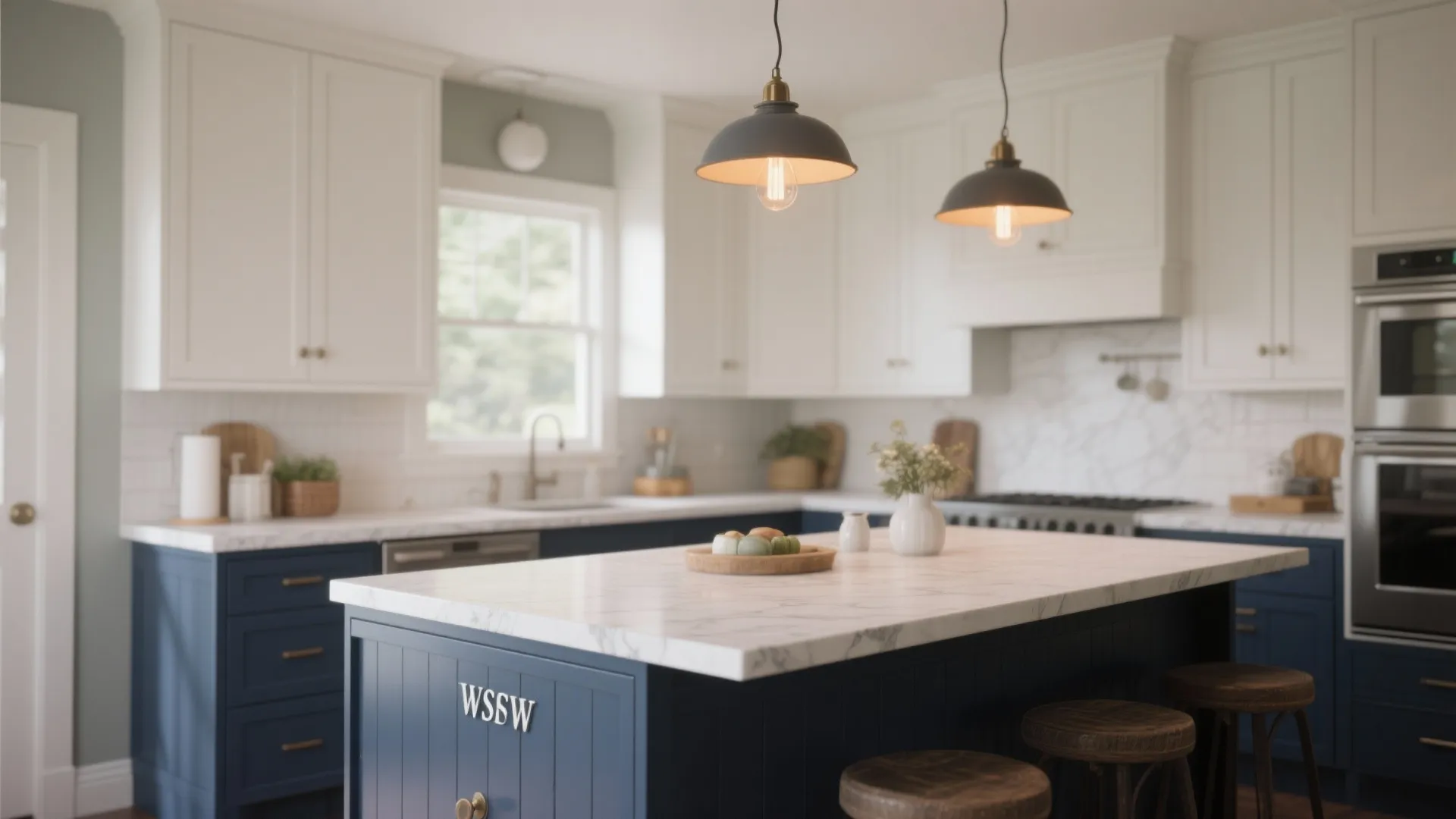Compact kitchen with Dover White uppers and a muted navy island creating two-tone depth.