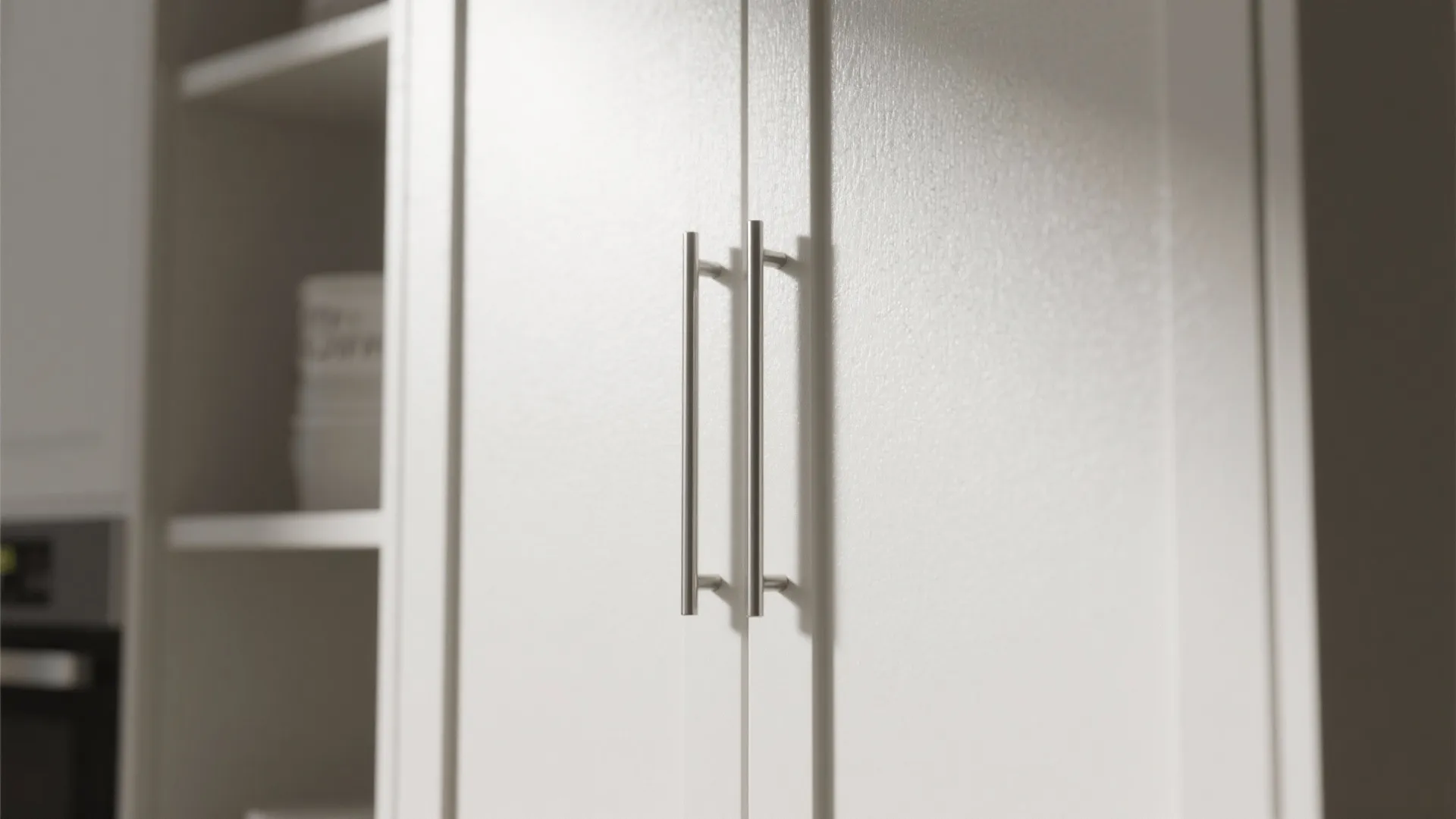 Close-up of Dover White satin cabinet door with vertical pull-bar handle showing subtle texture.