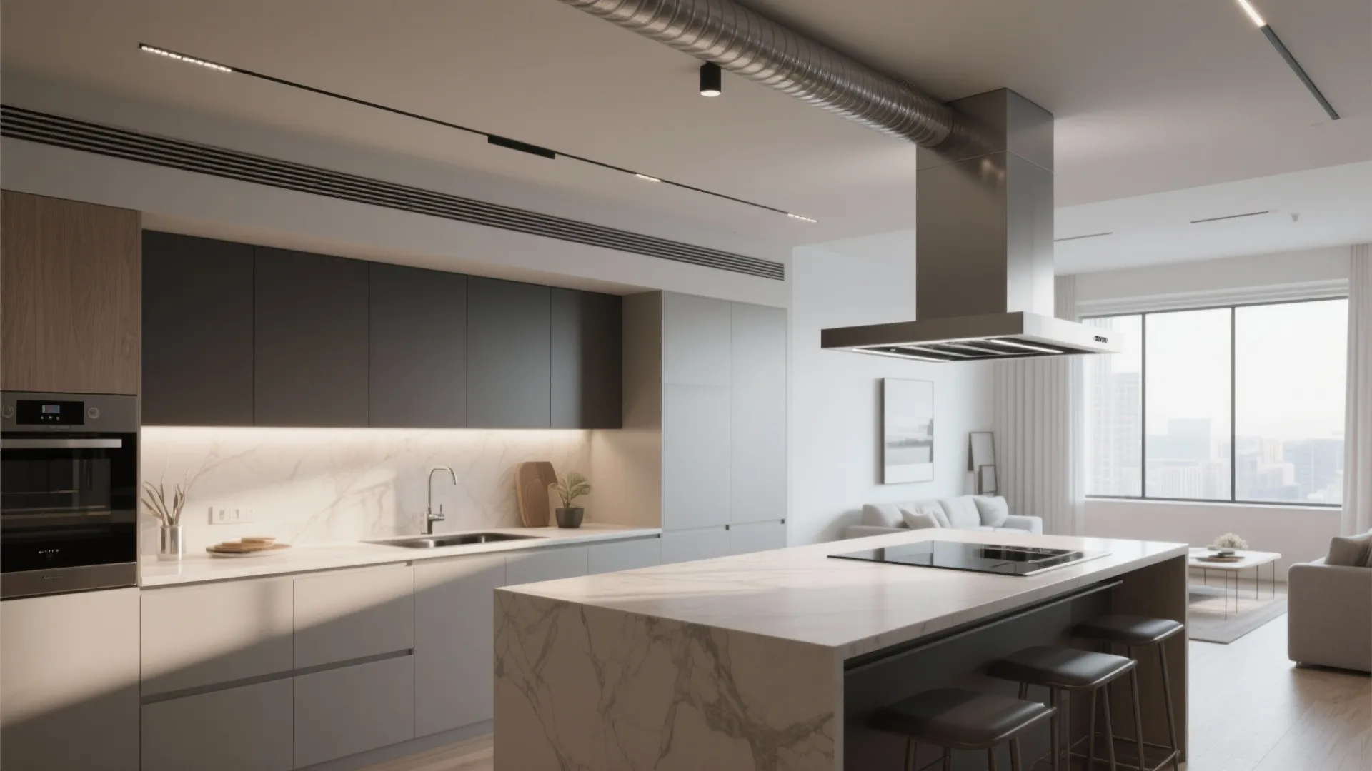 3. Integrated downdraft or island hoods — modern minimalism