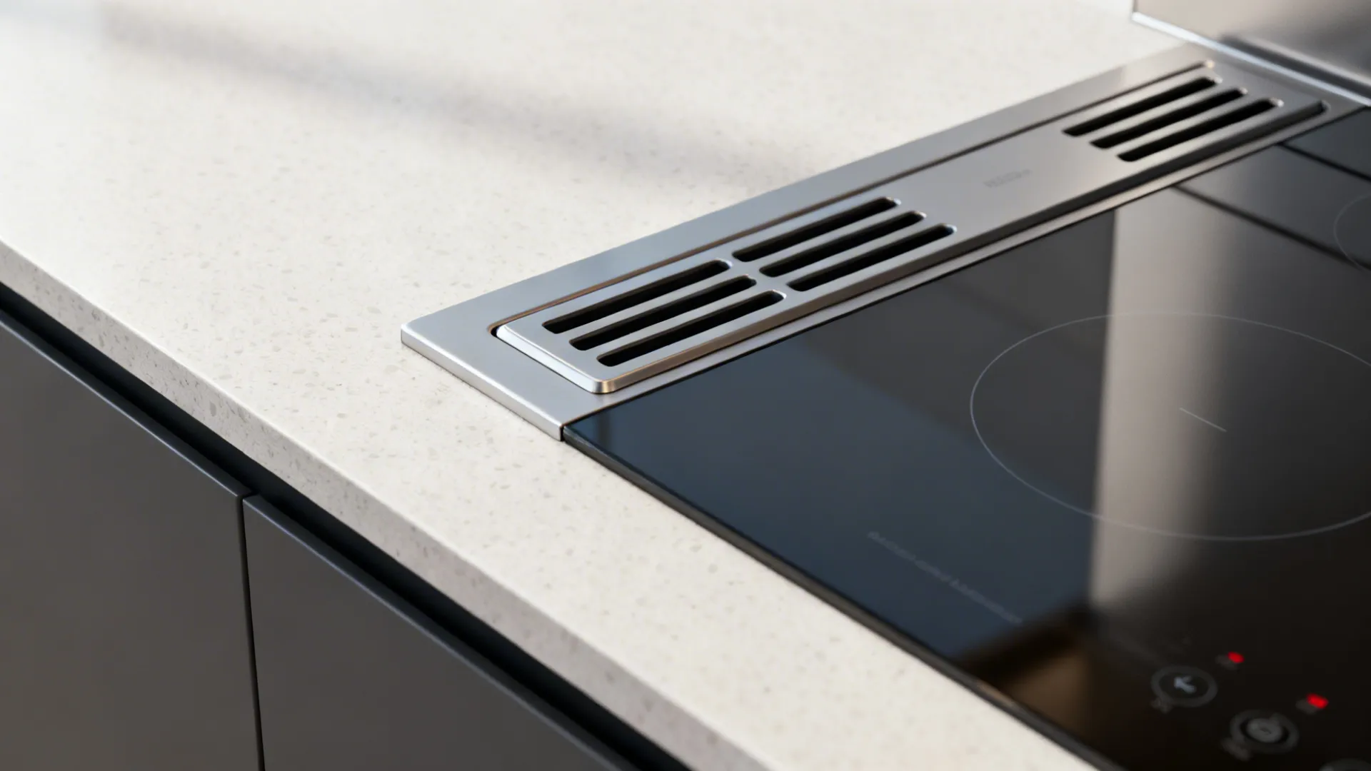 Close-up of a downdraft vent integrated beside an induction hob on a quartz island.