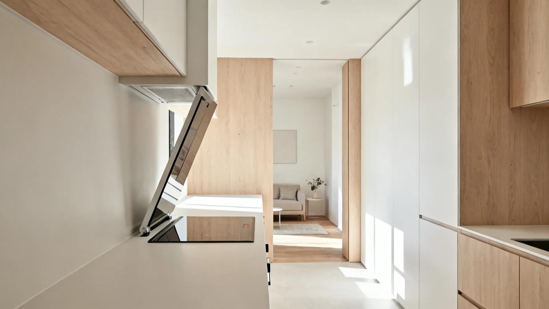 Peninsula cooktop with a discreet pop-up downdraft vent in a small open-plan kitchen.