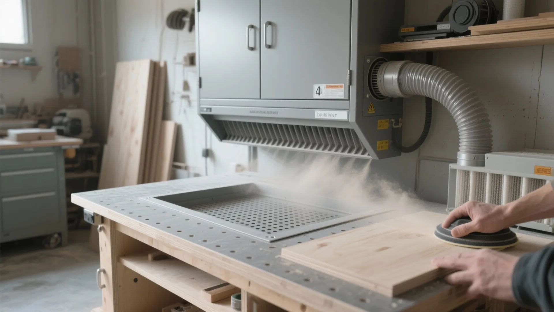 Person sanding wood on a workbench while a grey machine sucks up all the sawdust