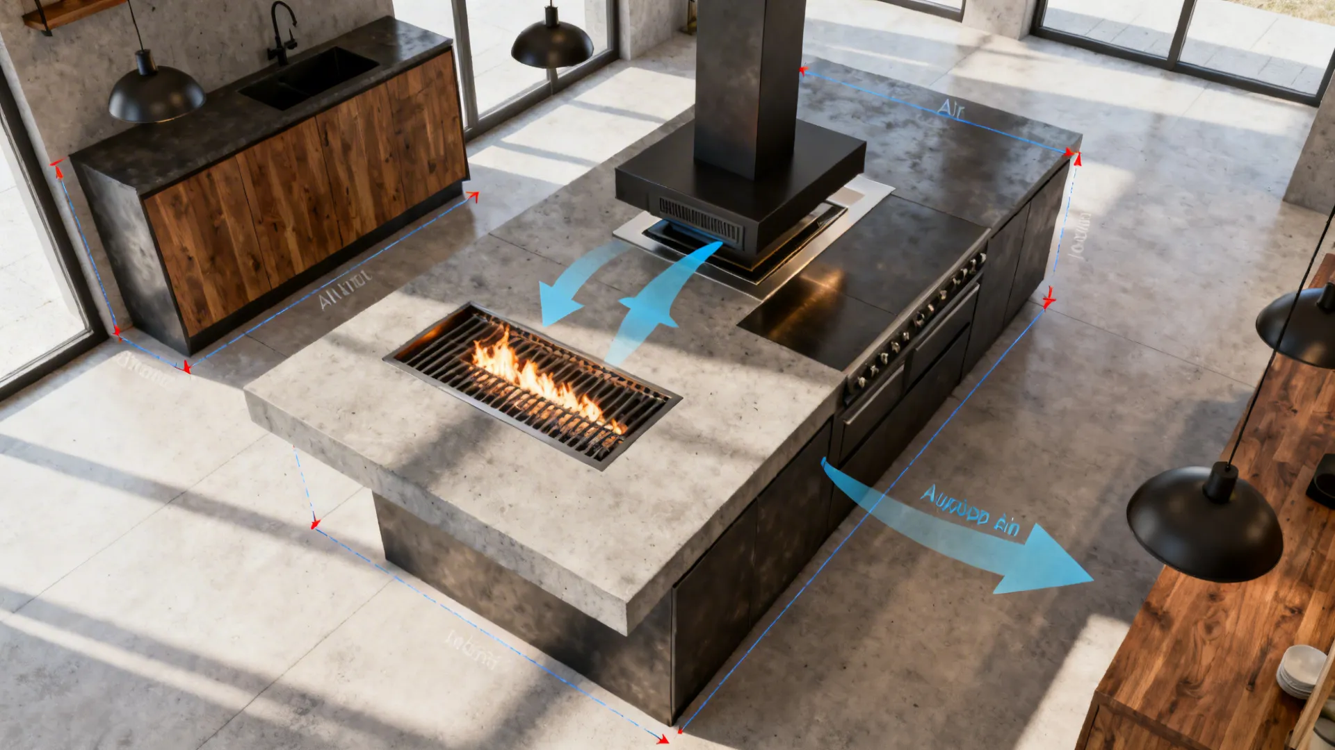 Top-down visualization of downdraft capture and make-up air around an open-grate fire table.