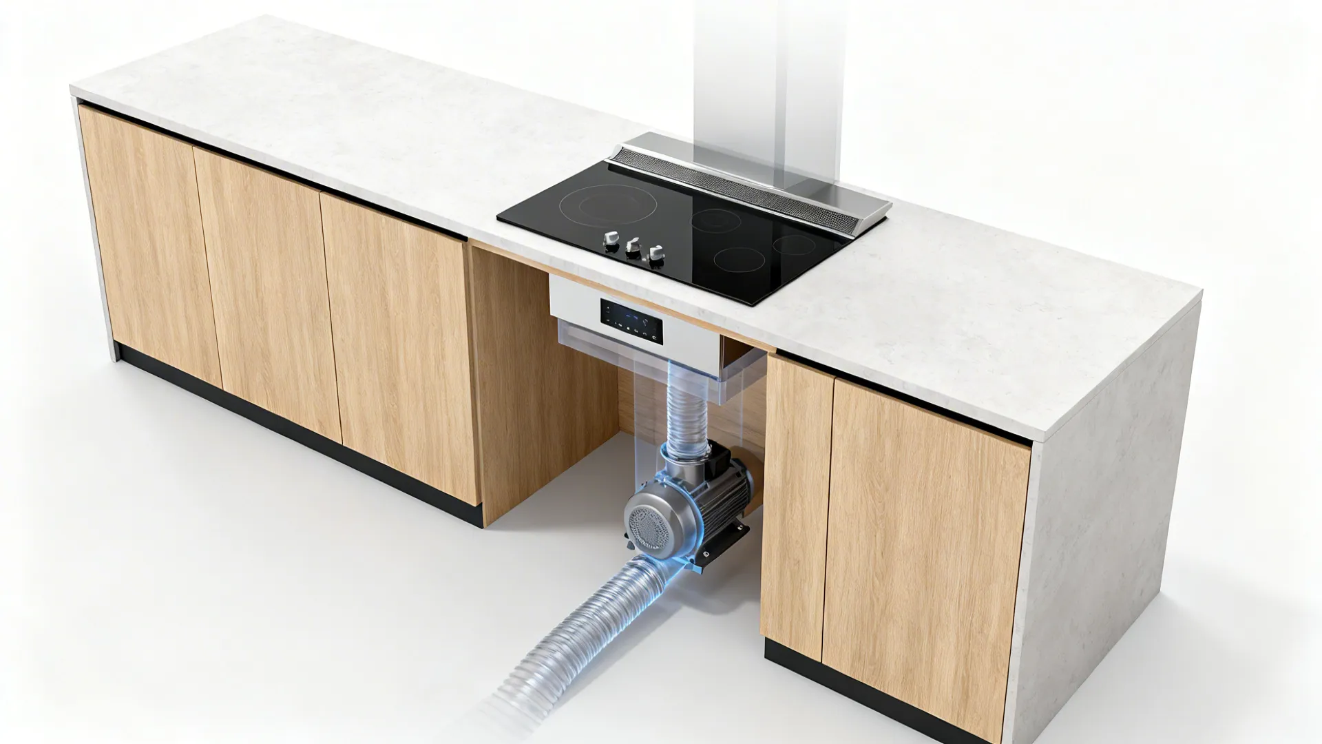 Top-down view showing a downdraft vent behind a cooktop and the under-counter duct path.