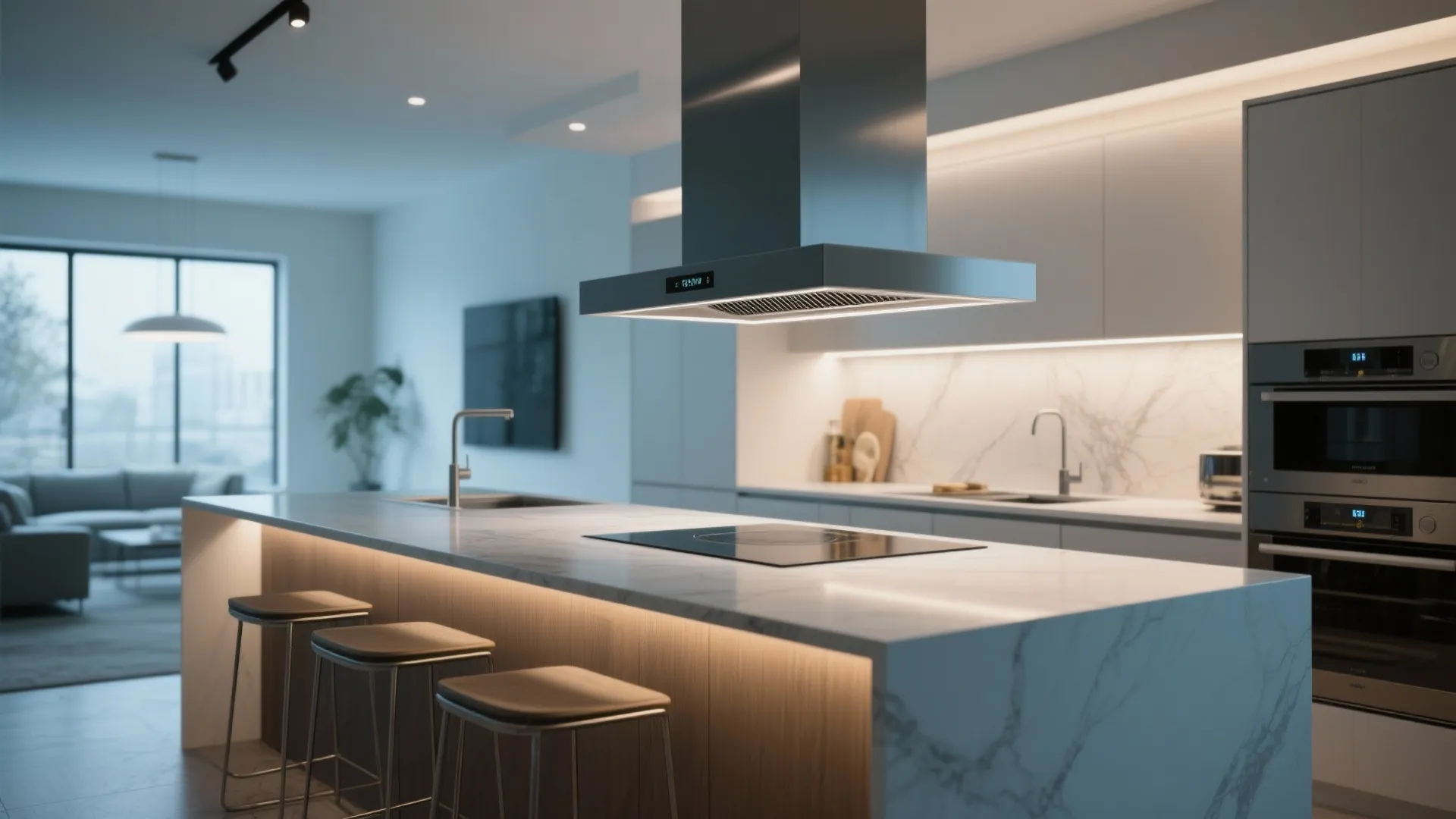 Modern kitchen island with marble countertop three stools large metal vent hood and wall ovens