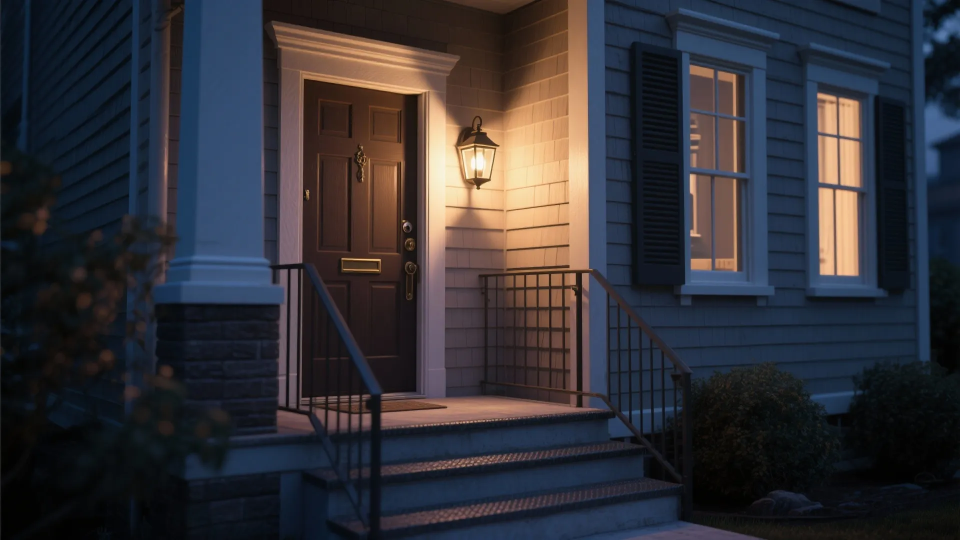 House front entrance at night with warm wall light fixture by wooden door and steps