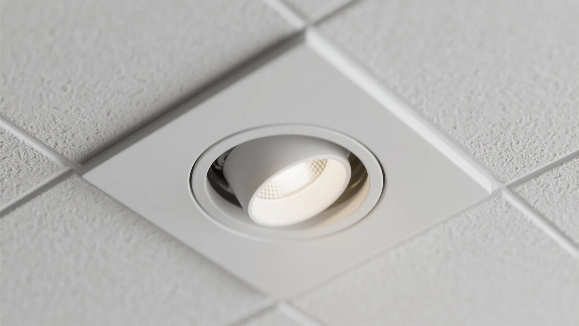 Close up of a modern square white light fixture installed on a textured grid ceiling