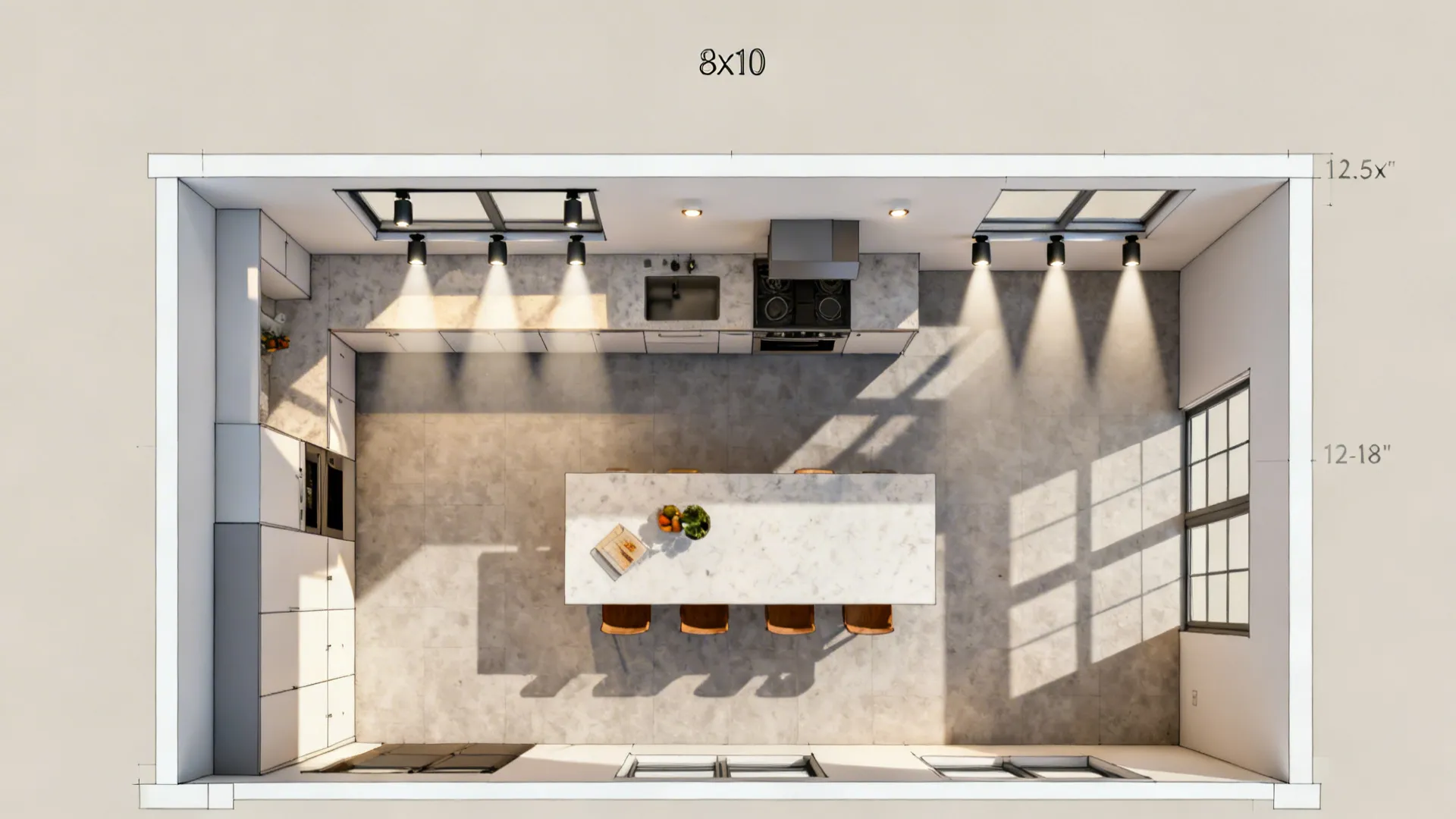 Top-down view of kitchen ceiling with evenly spaced recessed downlights set 12–18 inches from walls.