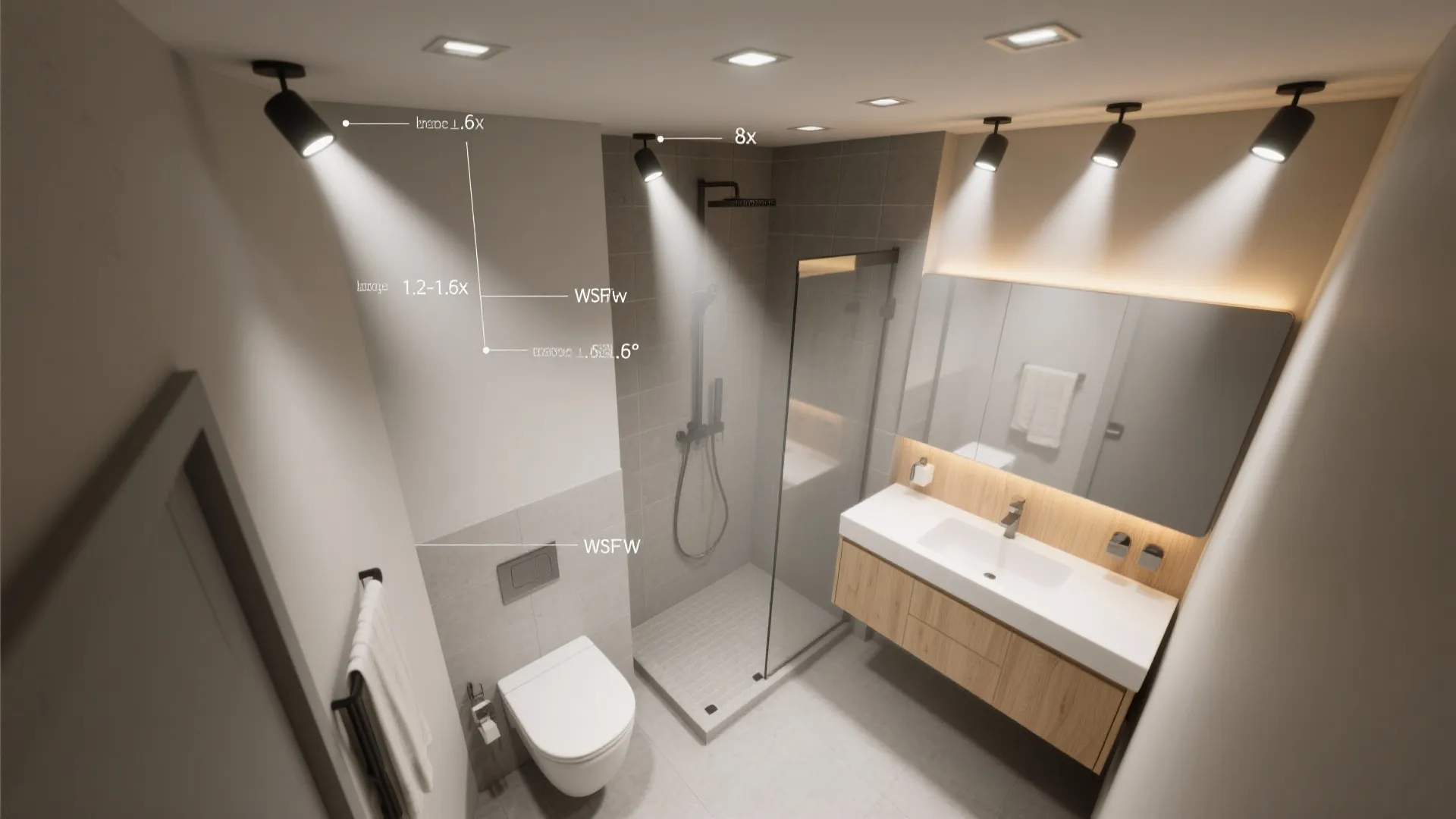Modern bathroom interior design drawing with labeled light fixture spacing for shower and vanity area