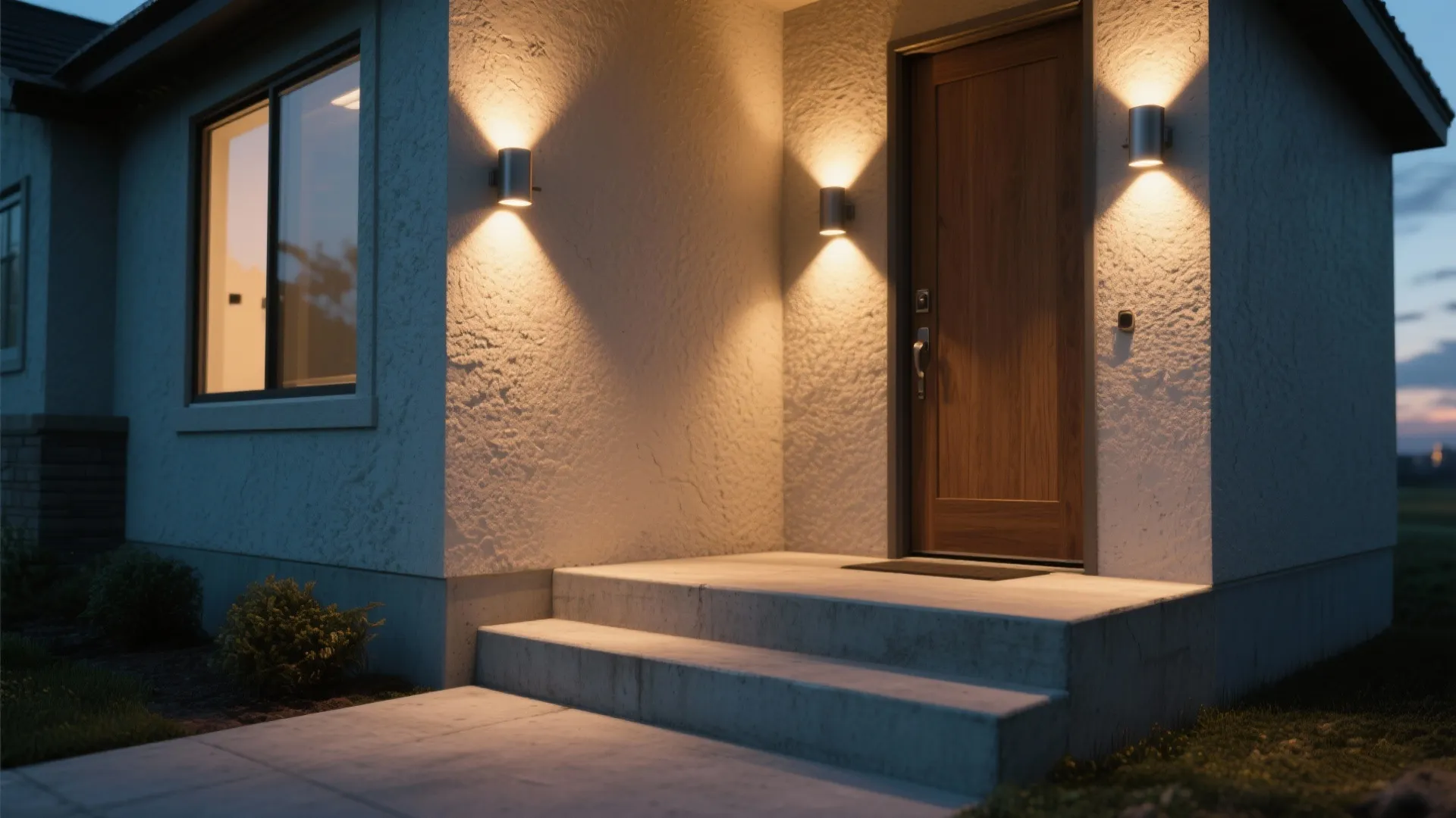 Entry steps illuminated by warm LED downlight wall sconces showing controlled beam and safe visibility.