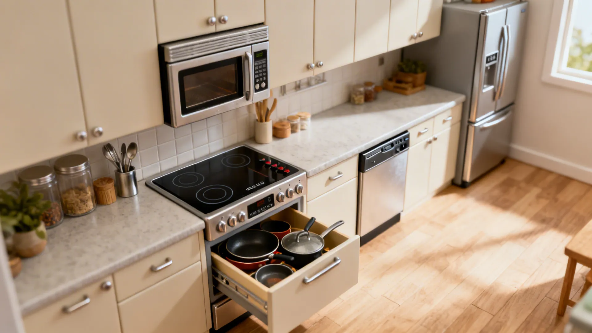 Small kitchen with a 24-inch induction top, compact wall oven, and counter-depth fridge.