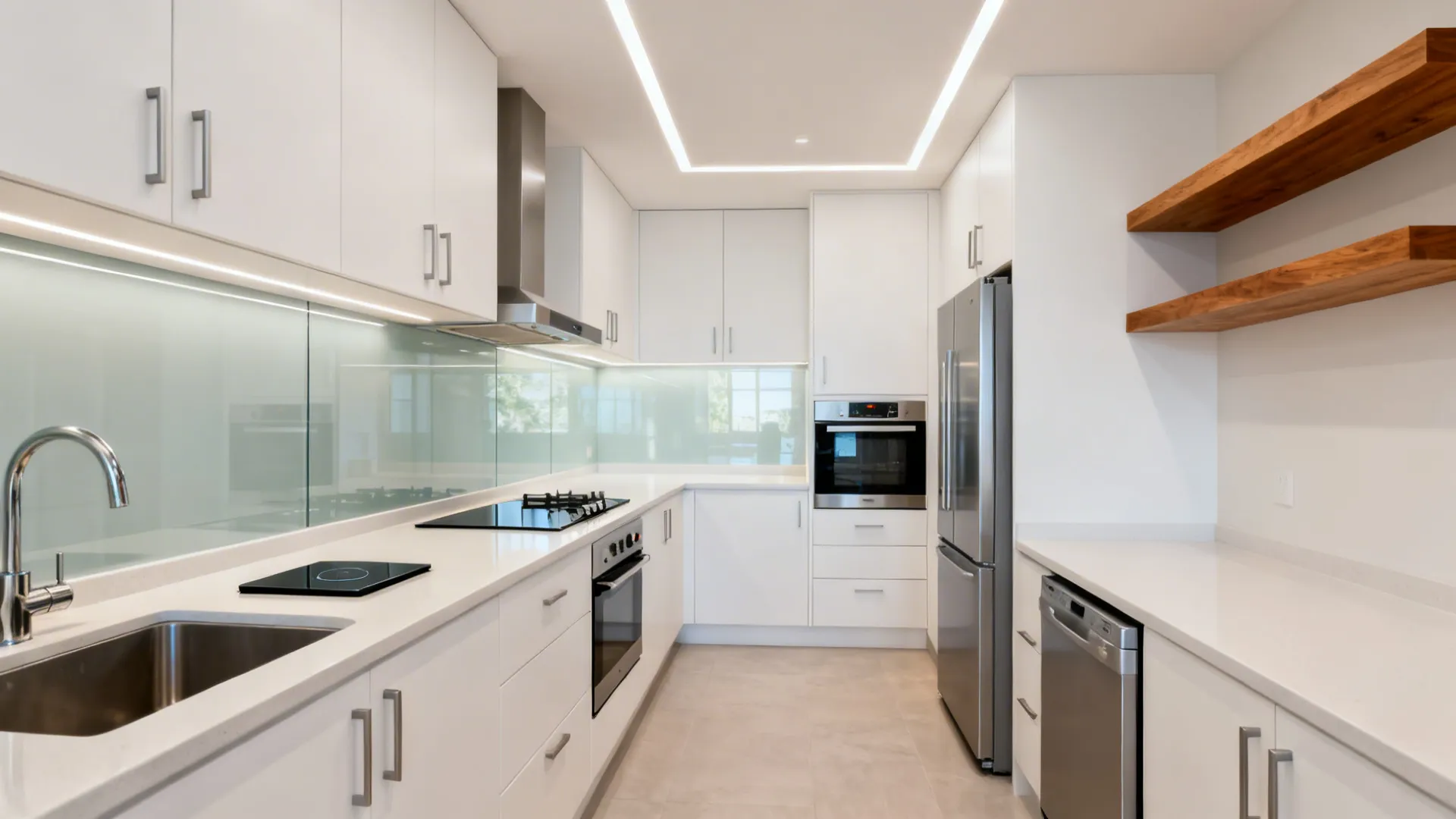 Compact 5 x 8 kitchen with a 24-inch induction cooktop, small wall oven, and drawer dishwasher.