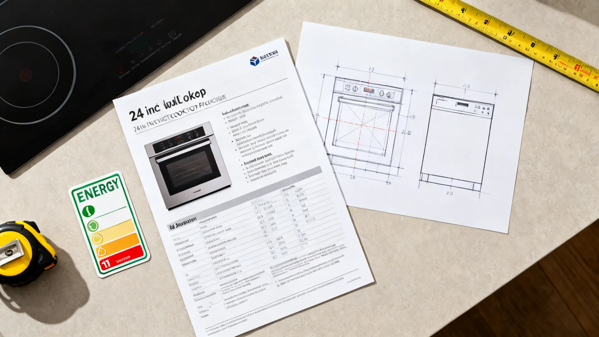 Flatlay of compact appliance elements and layout sketch for a 10x7 kitchen.