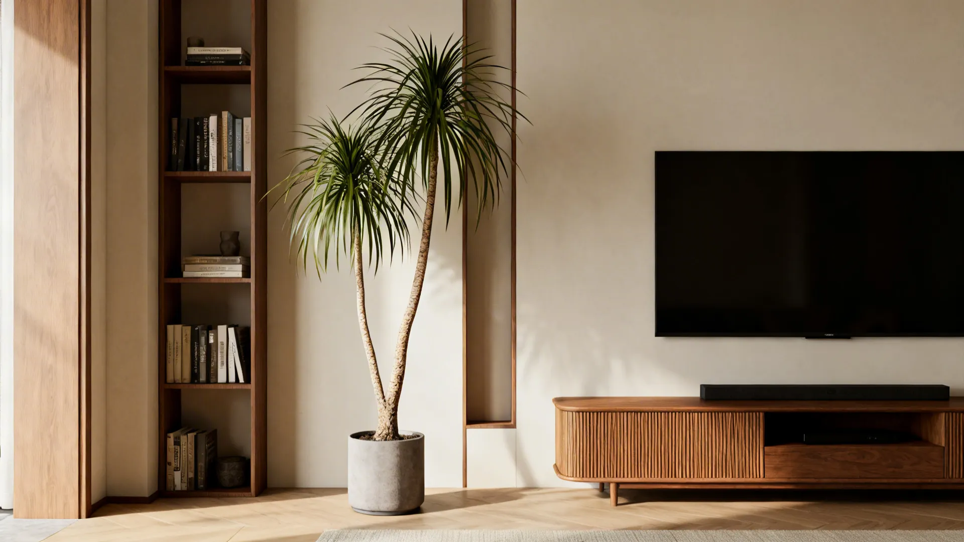 Dracaena with slim trunk and tufted foliage filling a vertical gap beside a bookshelf.