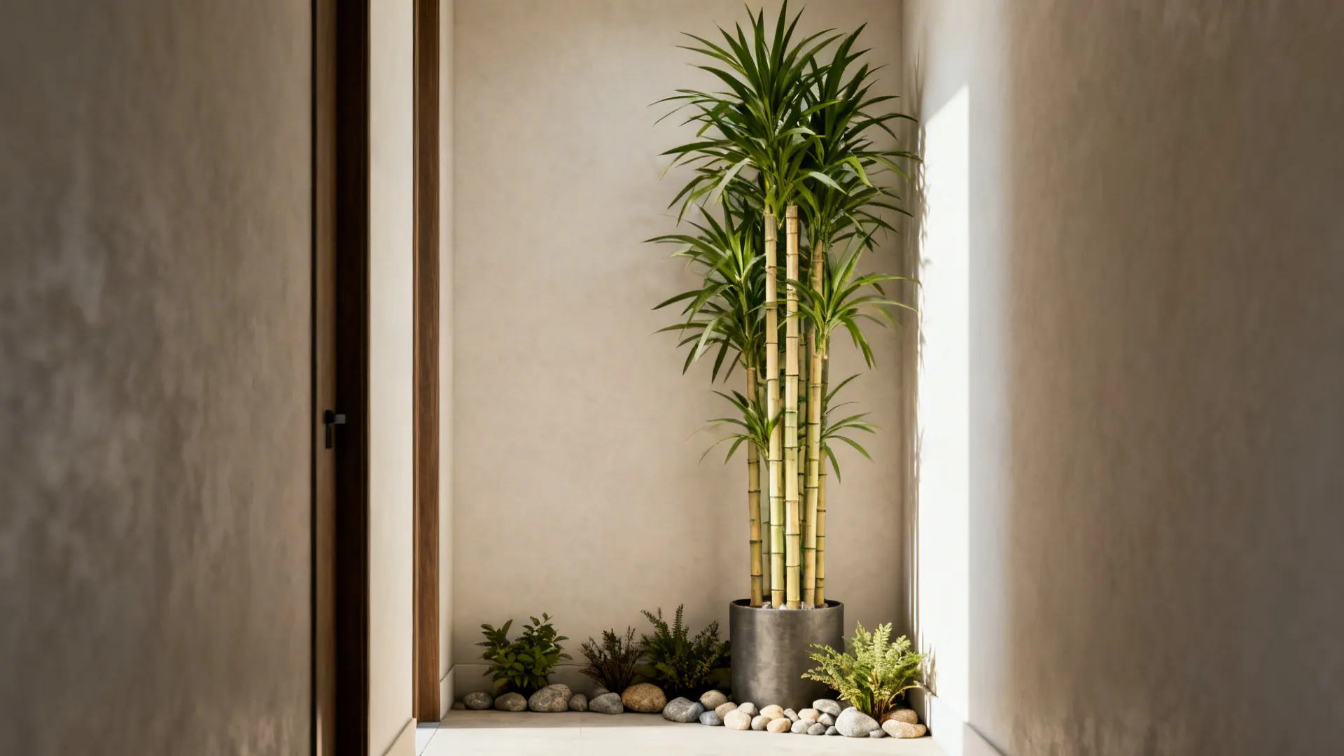 Tall faux dracaena in a slim pot with stones, fitting a tight corner and adding vertical rhythm