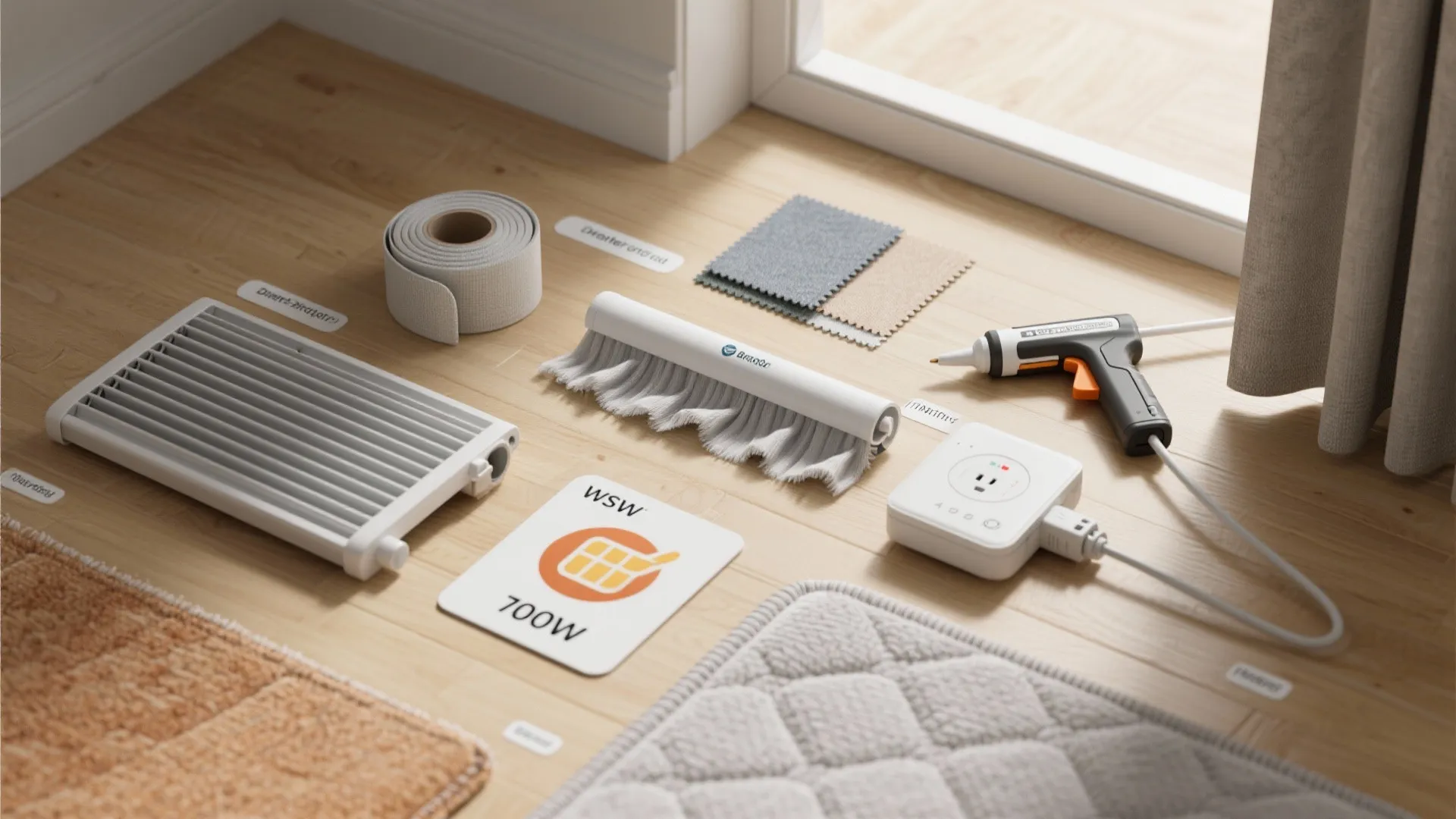 Top-down flat lay of weather-strips, caulk, door sweep, thermal fabric, and smart thermostat.