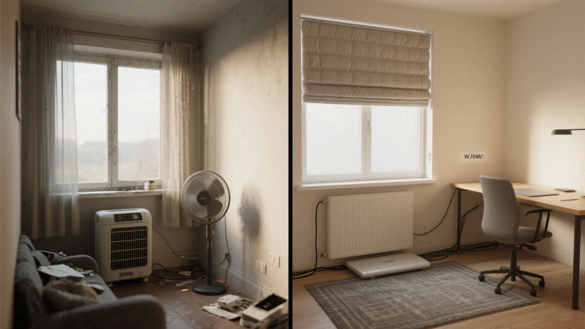 Before-after of a small room corner from drafty and cluttered to sealed with slim panel and heated rug.