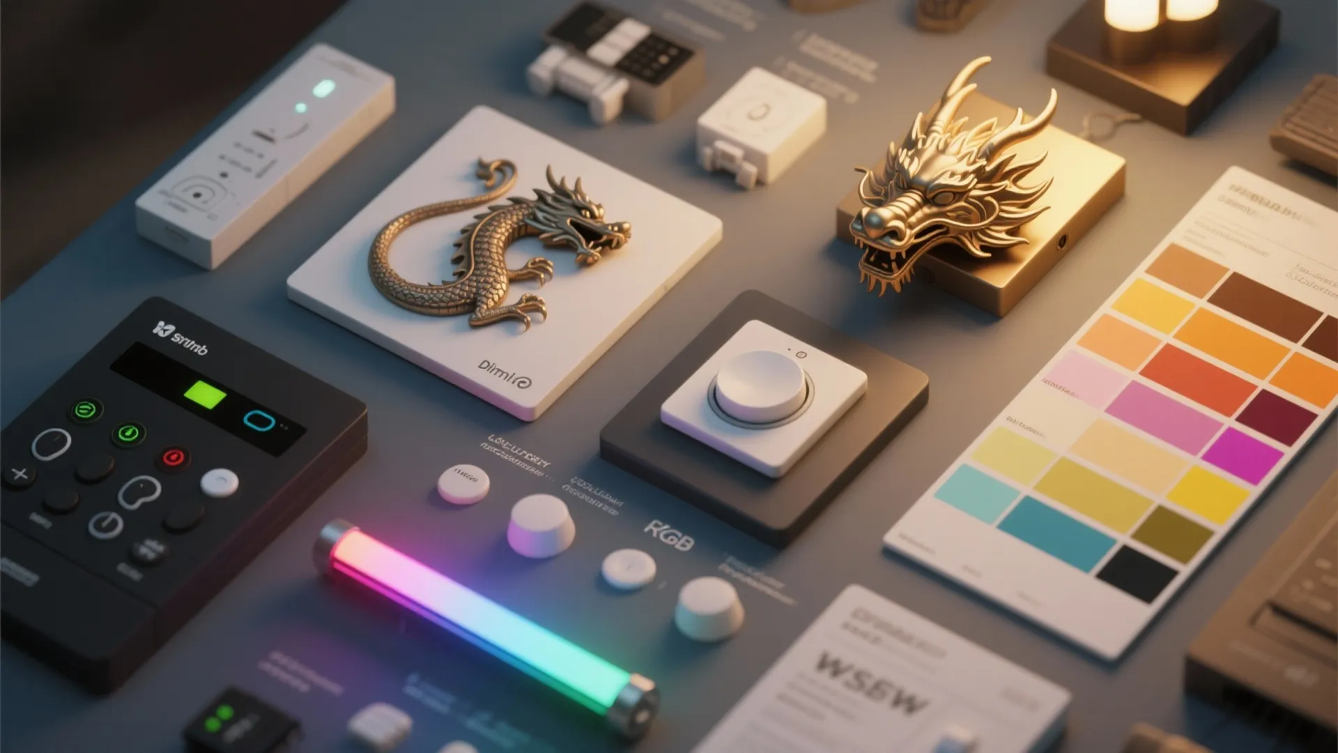 Top-down layout of a dragon sconce sample with dimmer, RGB strip, and light temperature swatches.