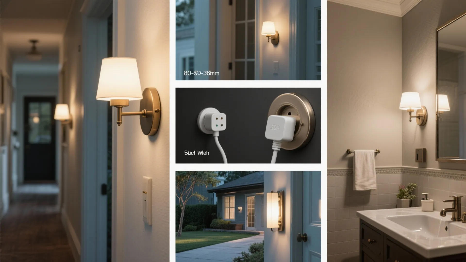 Collage of dragon sconce use cases: hallway height, hardwired vs plug-in, outdoor and bathroom examples.