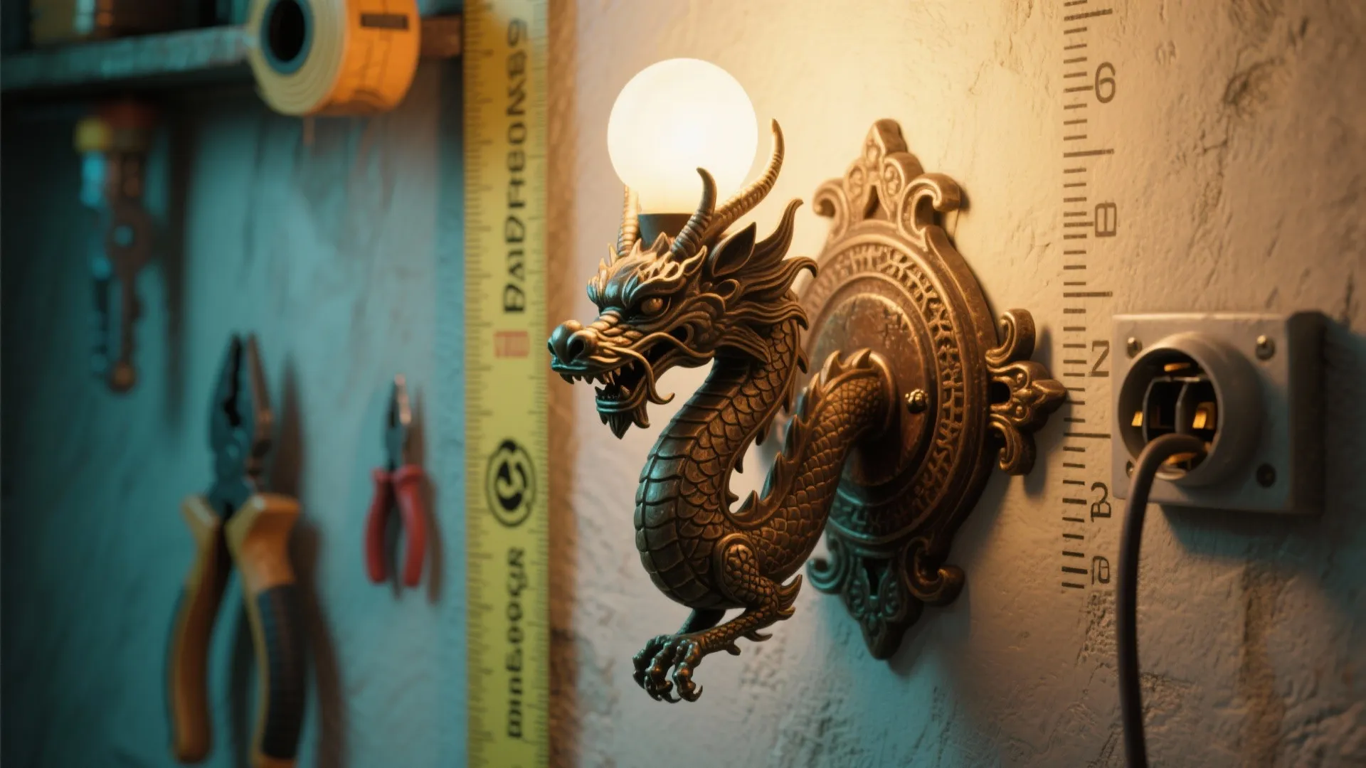 Close-up of dragon sconce mounting hardware and a taped height measurement on the wall.