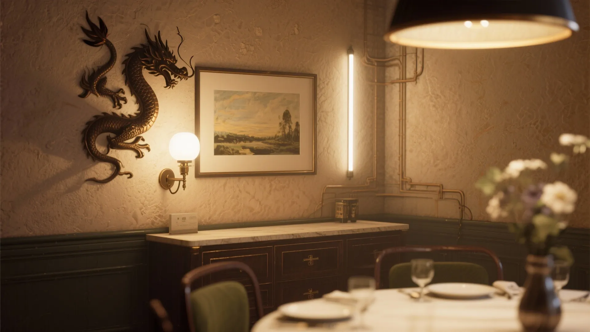 Dining nook with dragon sconce and picture light creating layered museum-style lighting.