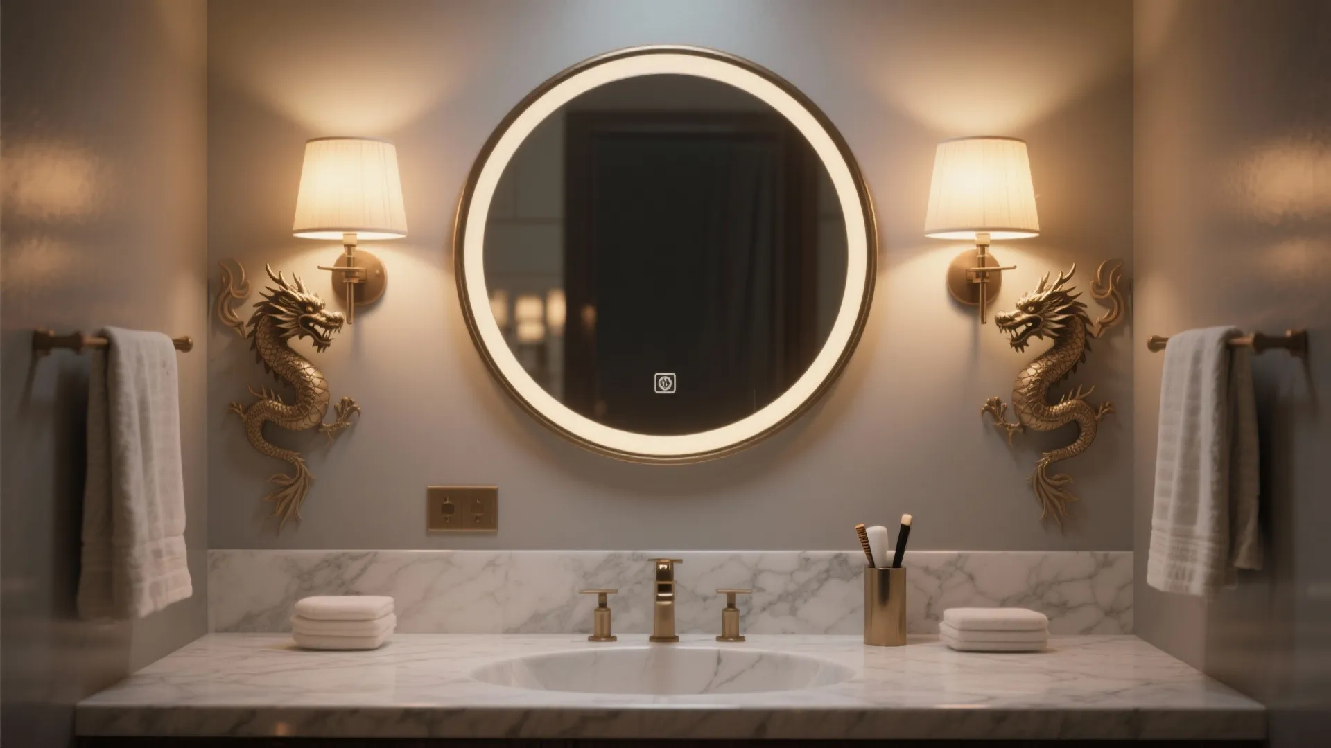 Round mirror flanked by two dragon wall sconces with diffused shades providing balanced warm light.