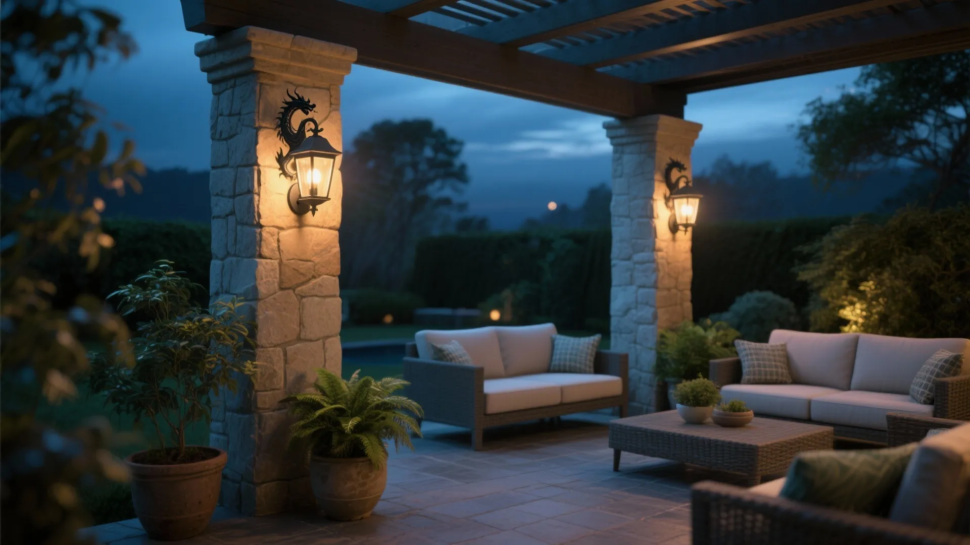 Covered patio with powder-coated dragon sconces casting warm outdoor light over seating.