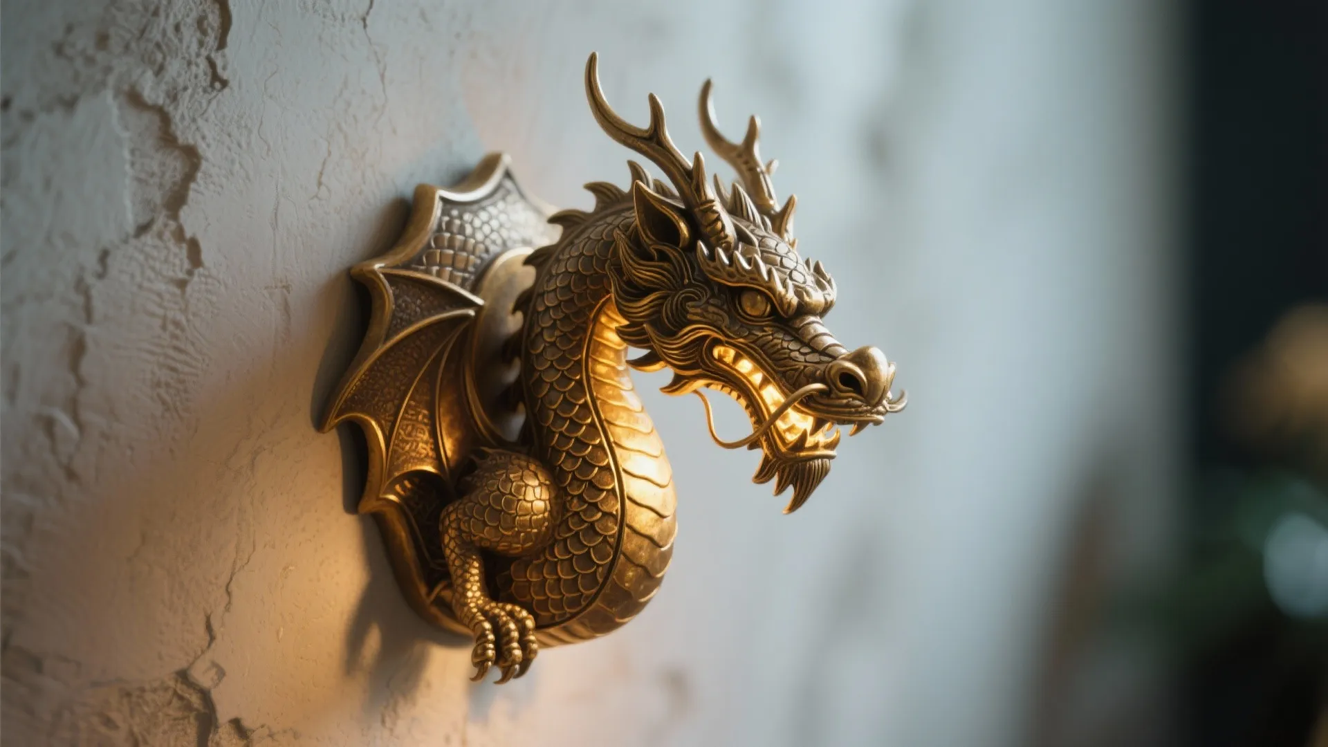 Macro view of a brass dragon wall sconce showing detailed scales and warm LED light.