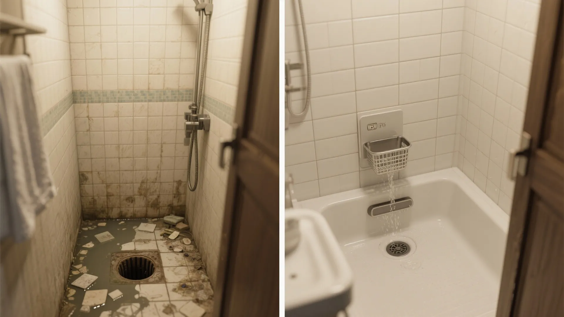 Before and after comparison showing a dirty old bathroom floor next to a clean renovated shower