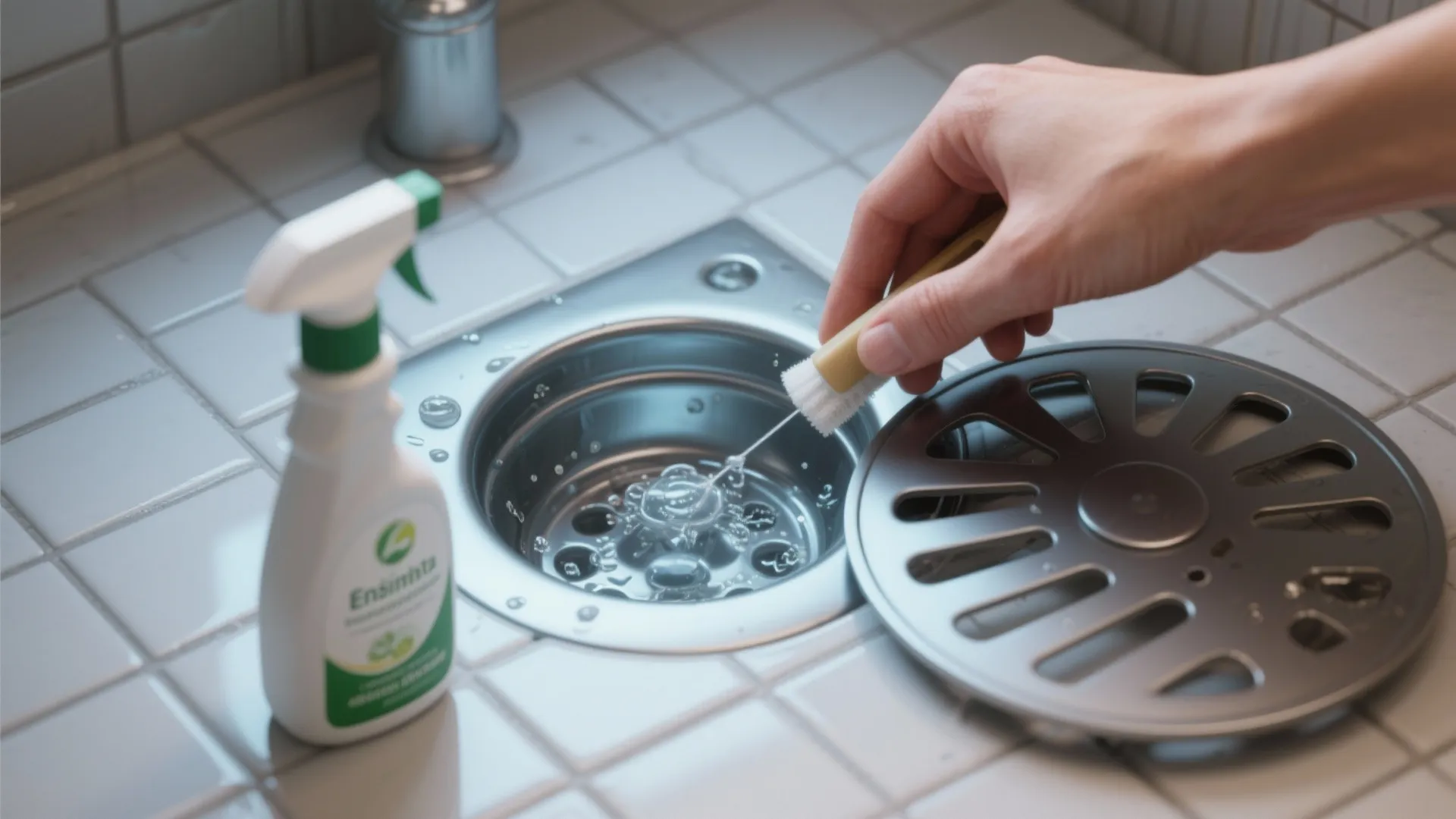 Person cleaning a shower drain with a small brush next to a white cleaning spray bottle