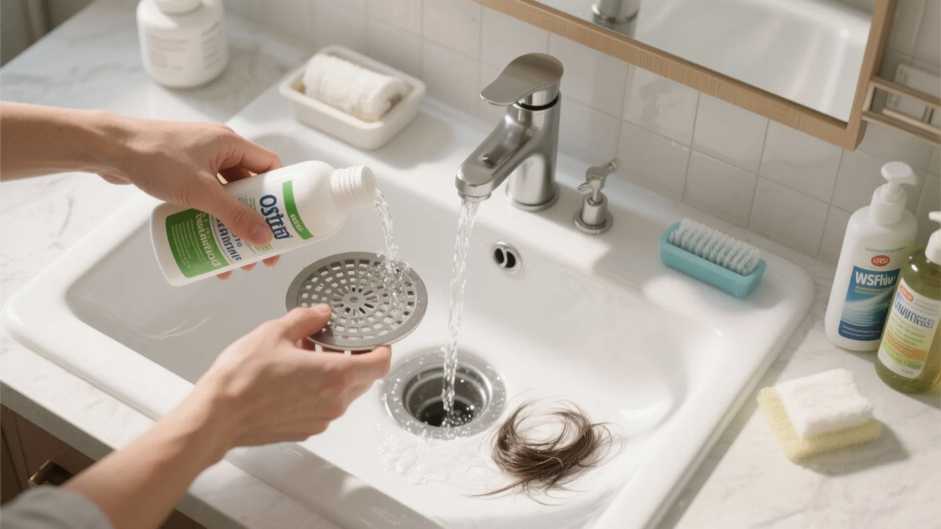 Top-down view of cleaning a bathroom drain with enzyme cleaner and drain cover nearby