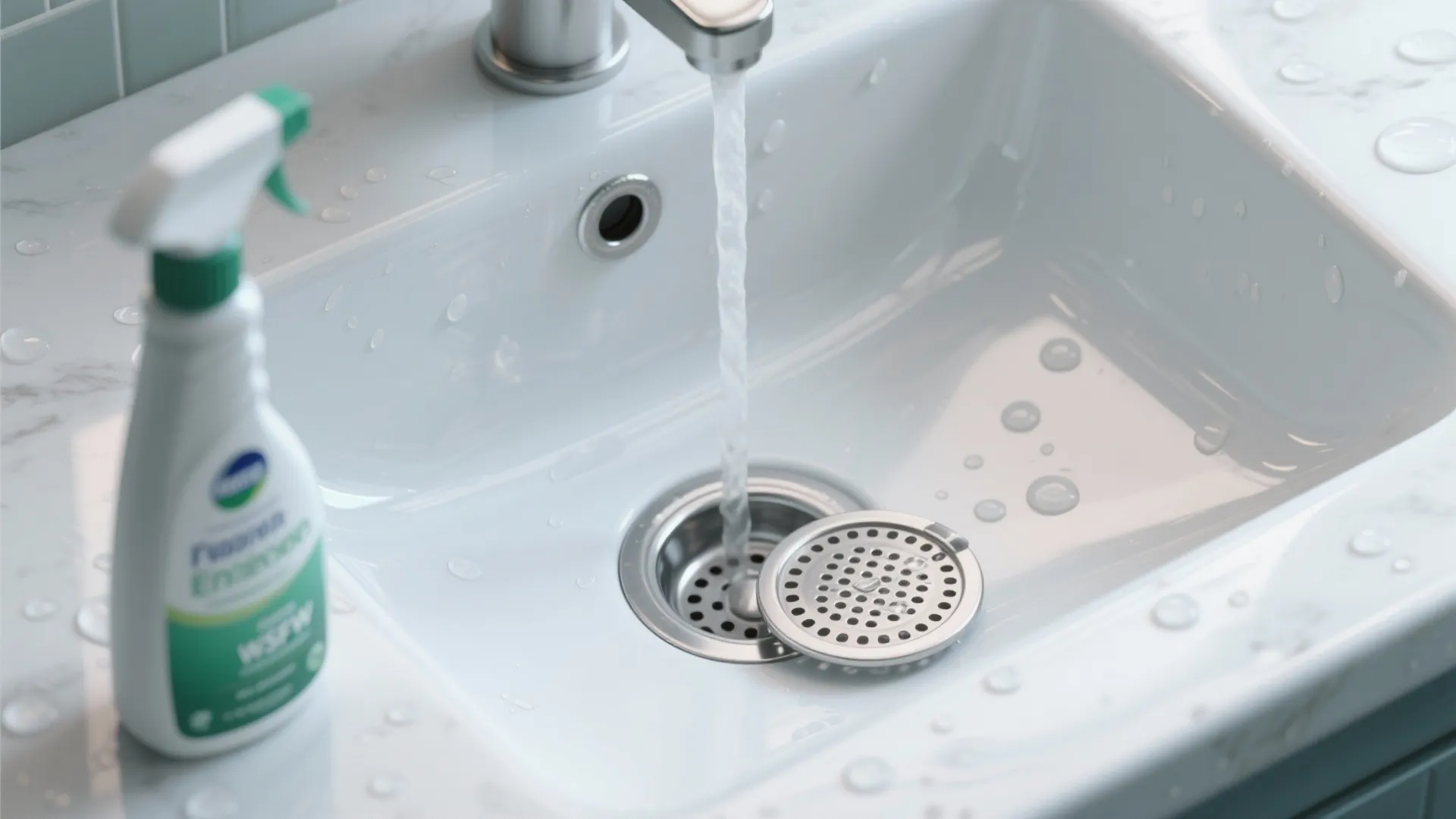 White bathroom sink with water running into the drain and a cleaning spray bottle nearby
