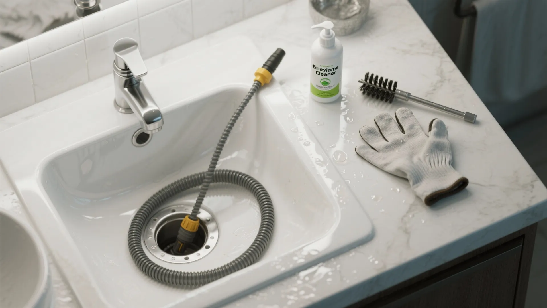 Cleaning tools with drain pipe snake brush white glove and cleaner bottle on bathroom sink