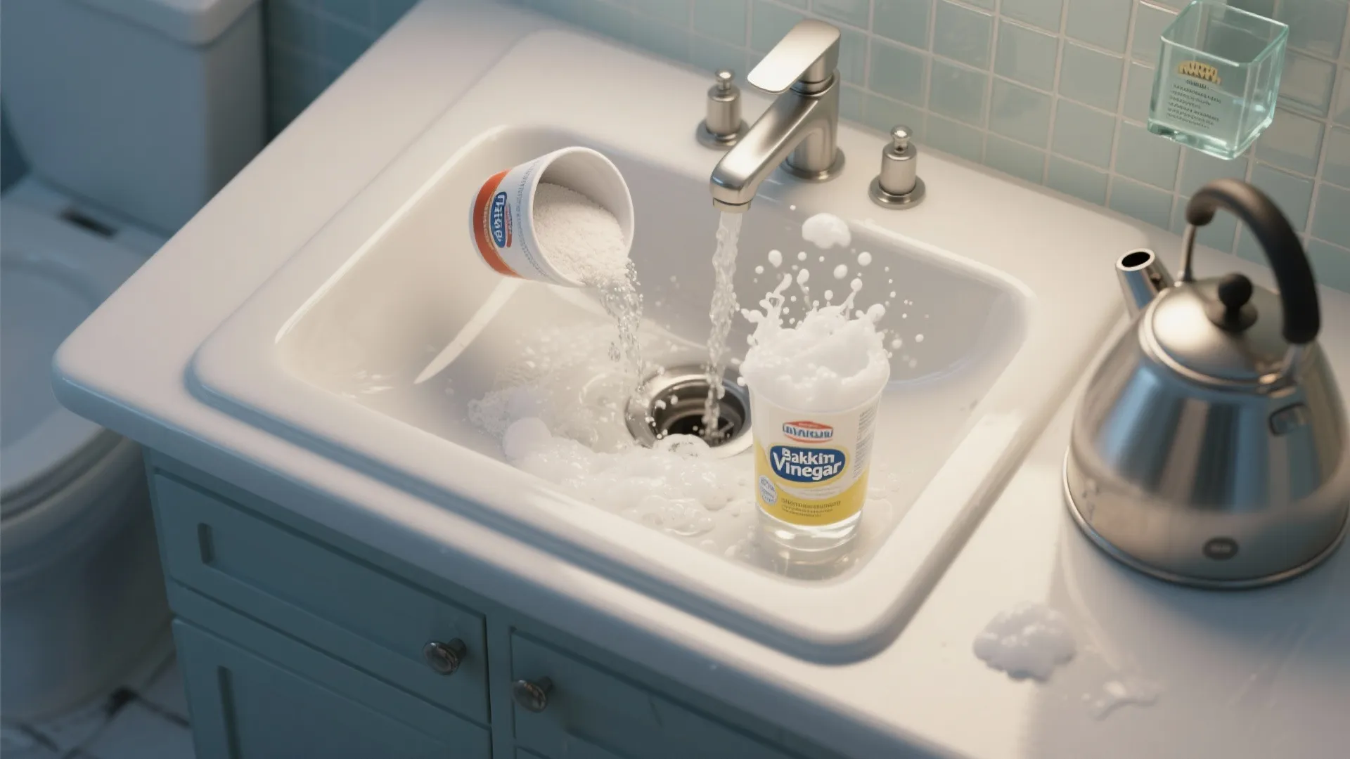 Cleaning a bathroom sink drain using baking vinegar and white powder to remove a clog