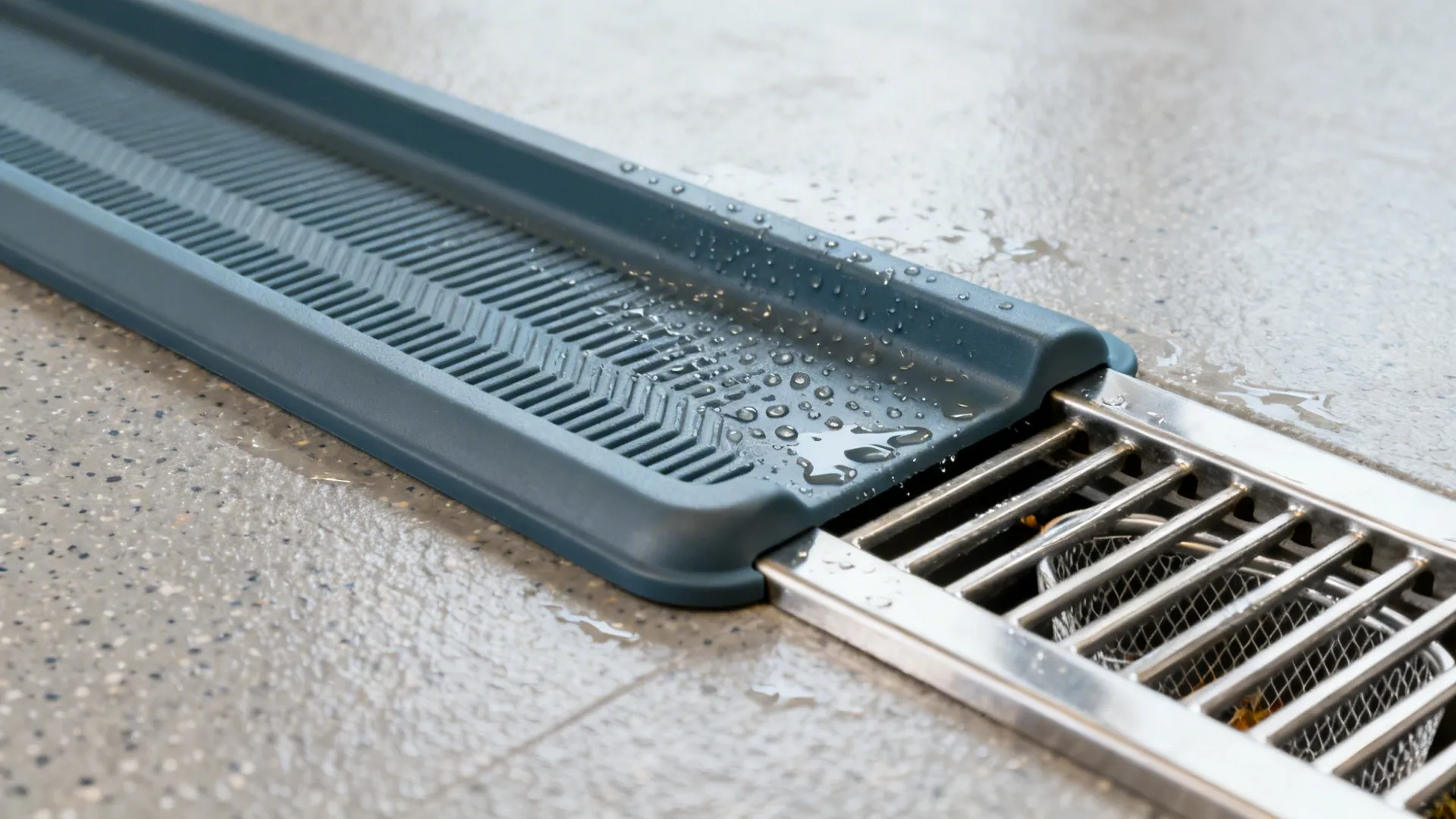 Macro of 316 stainless grate in a shallow polymer channel on an epoxy floor with anti-slip texture.