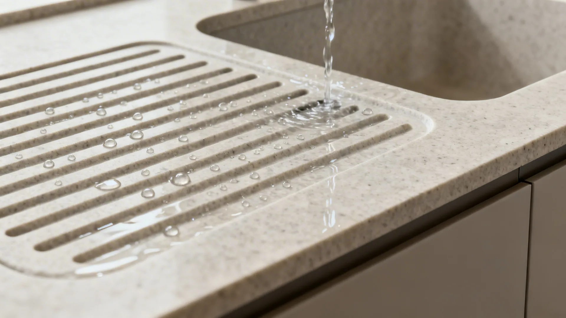Macro of matte stone drainage grooves and a tiny chamfer directing water toward the sink.