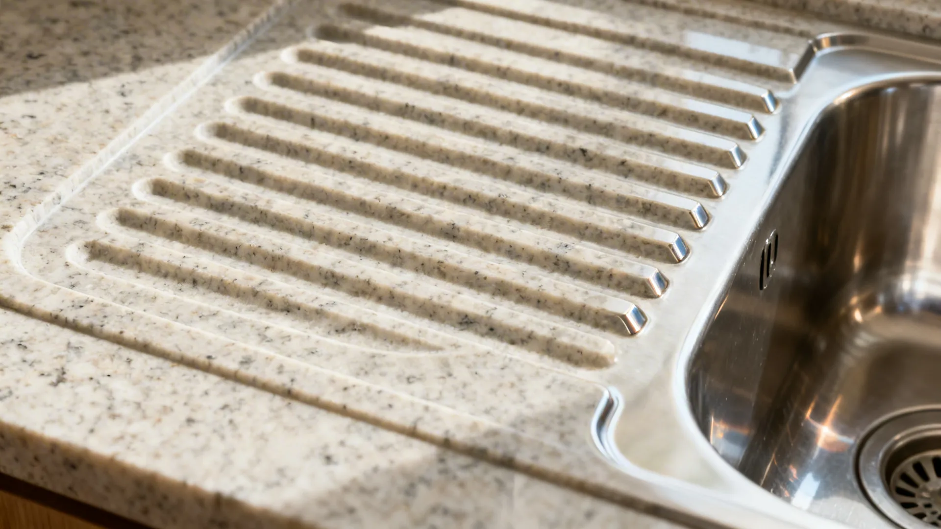 Macro of fluted drain grooves in granite beside a stainless undermount sink.