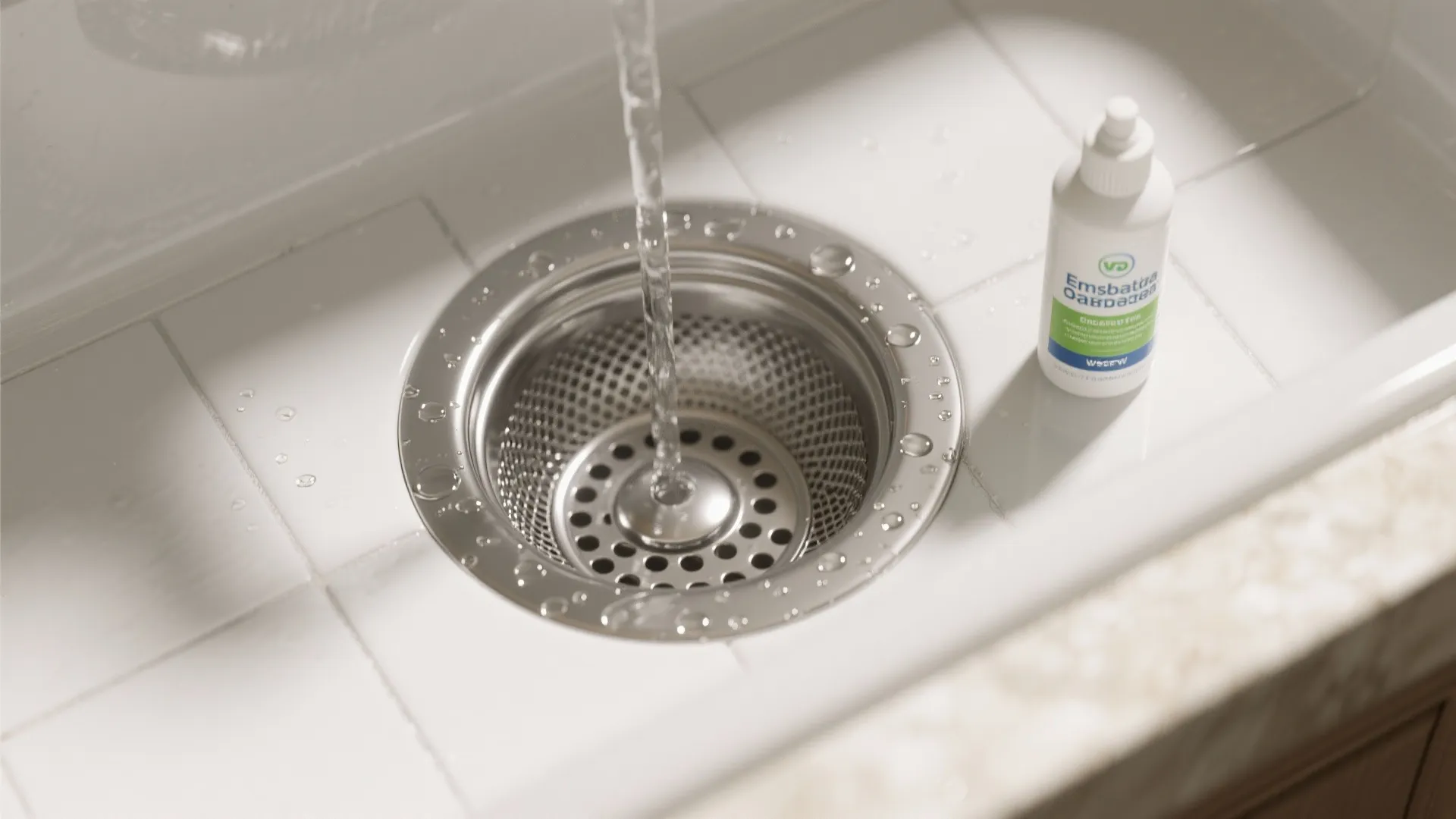 Water flowing from a faucet into a white kitchen sink drain with a small cleaning bottle