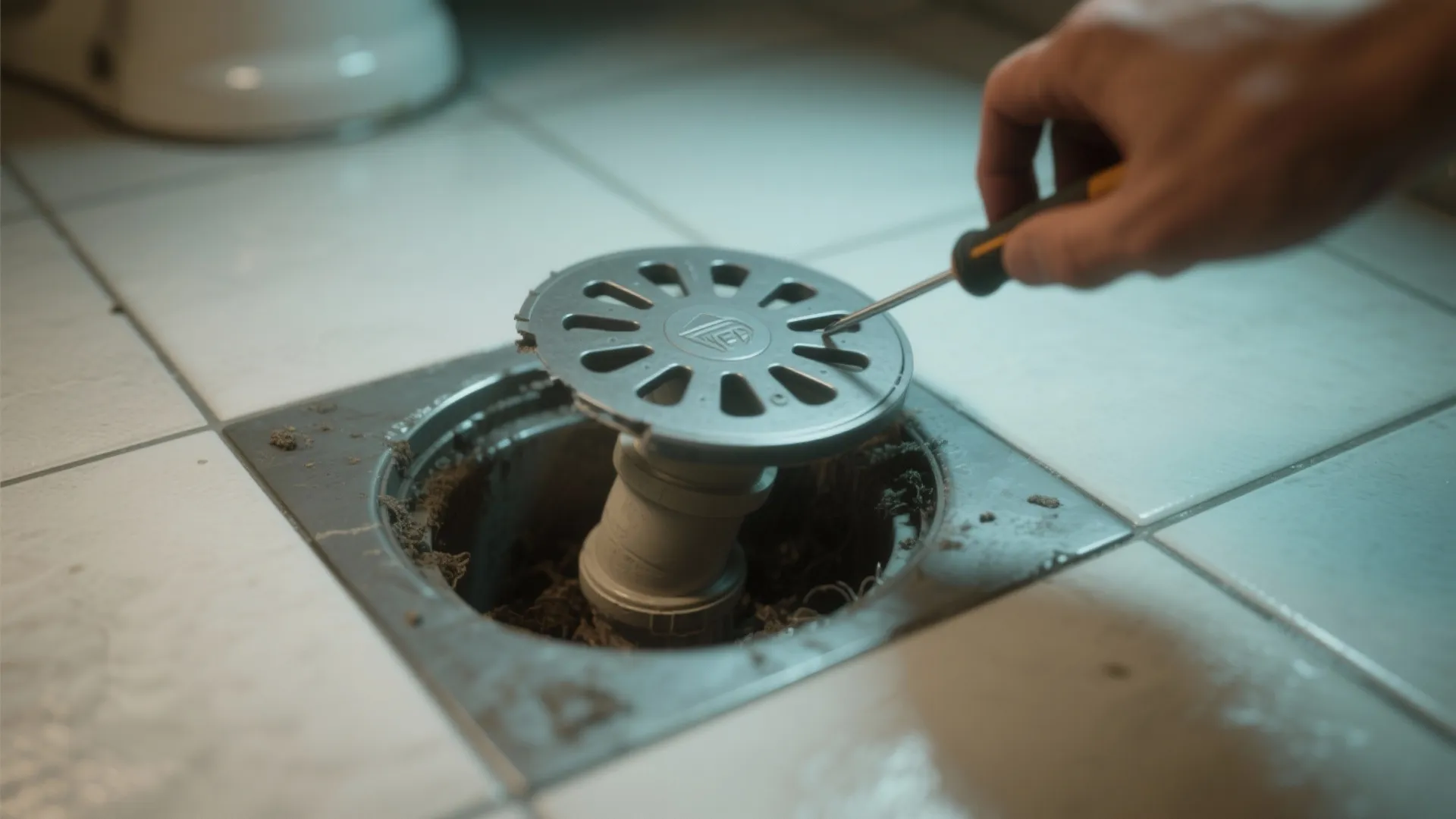 Hand using a screwdriver to lift a round metal floor drain cover for plumbing inspection