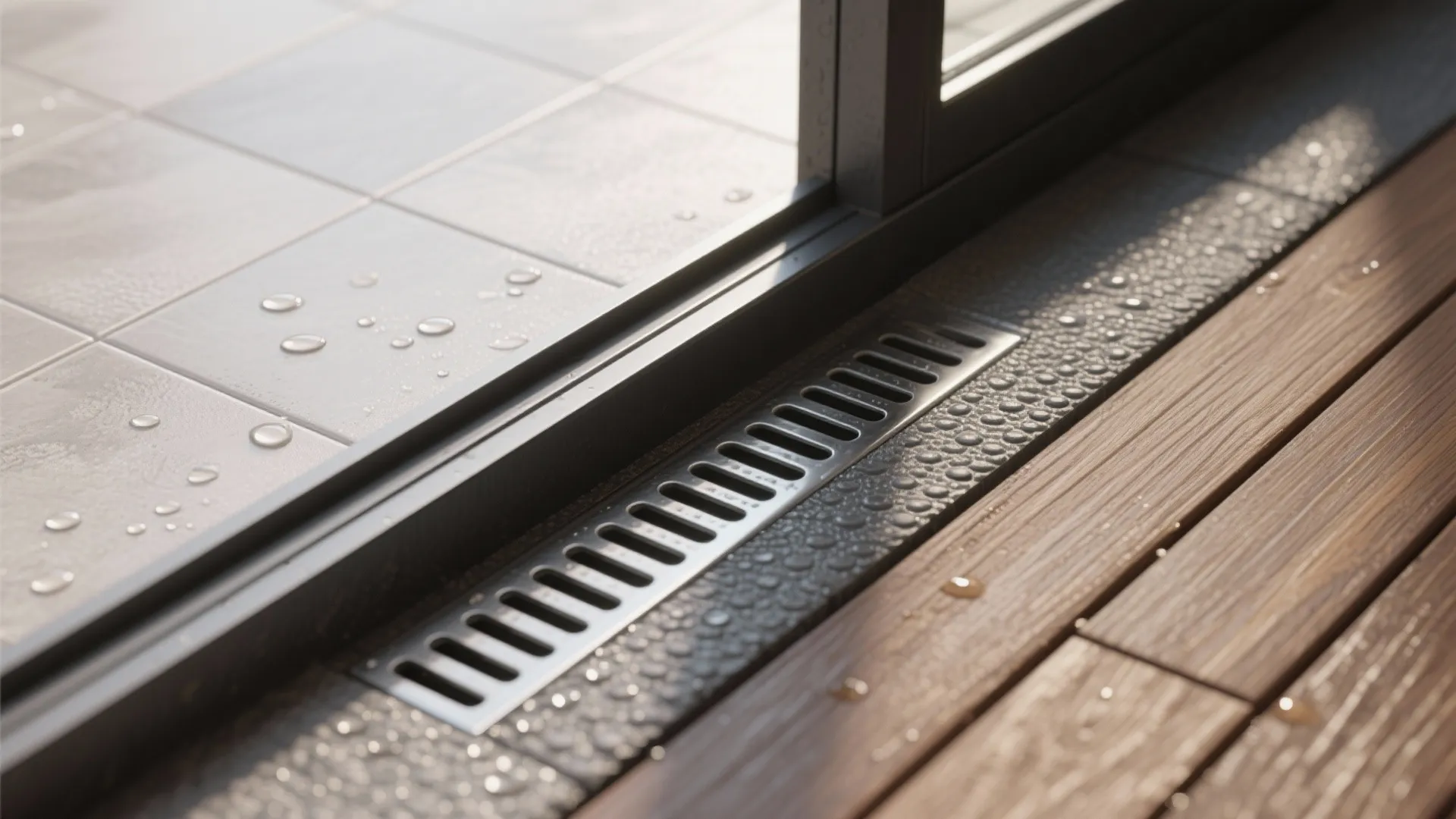 Metal floor drain placed between grey indoor tiles and outdoor wooden deck with small water drops