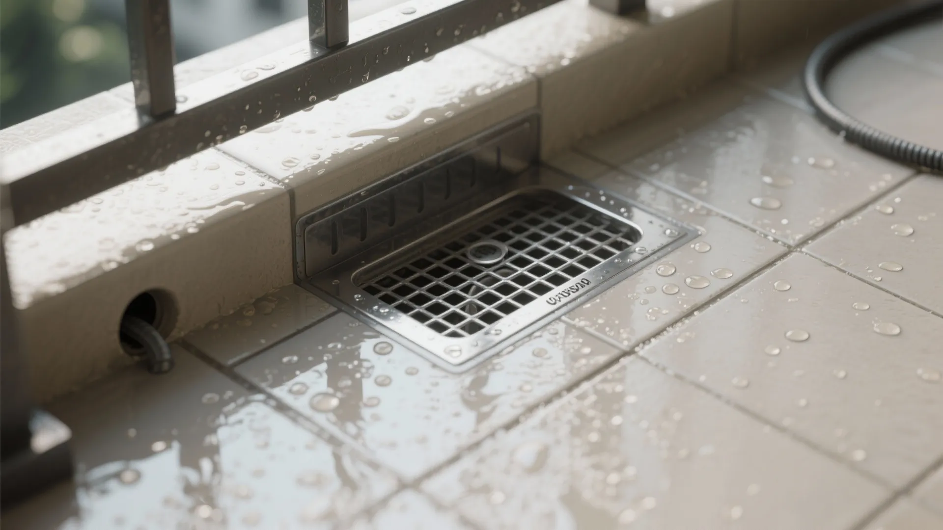 Close up of a stainless steel balcony floor drain on wet tiles with water drops