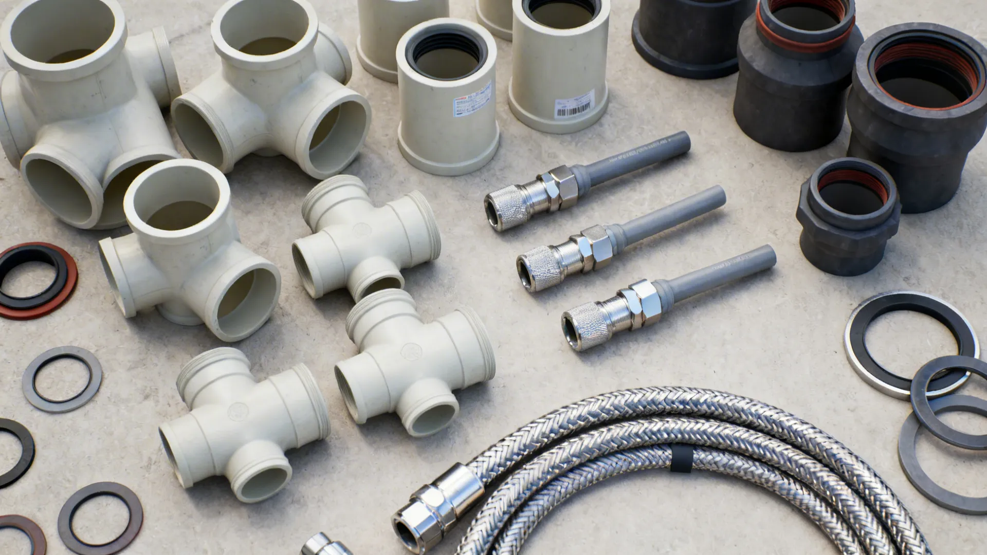 Flat lay of PVC and ABS fittings with stainless-braided connectors and gaskets on a neutral surface.