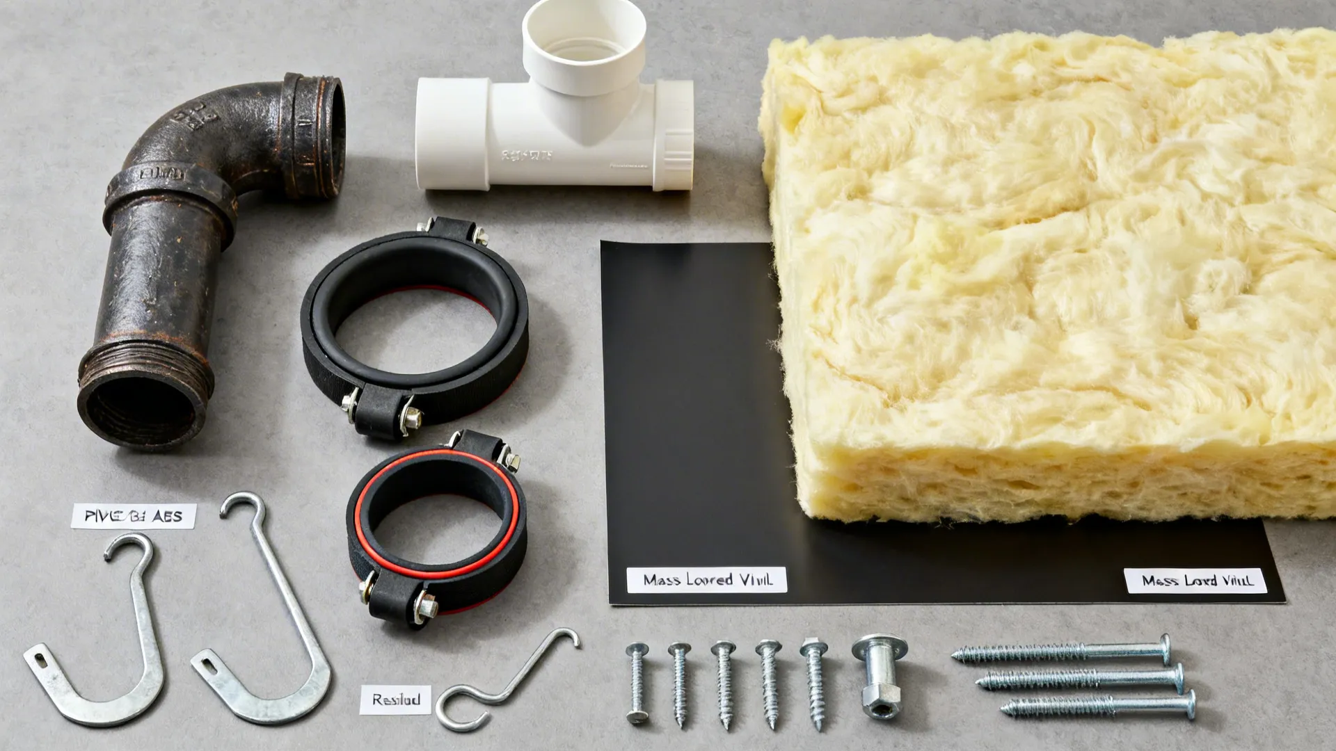 Flat lay of cast iron, PVC, rubber-lined clamps, mineral wool, and mass-loaded vinyl for noise control.