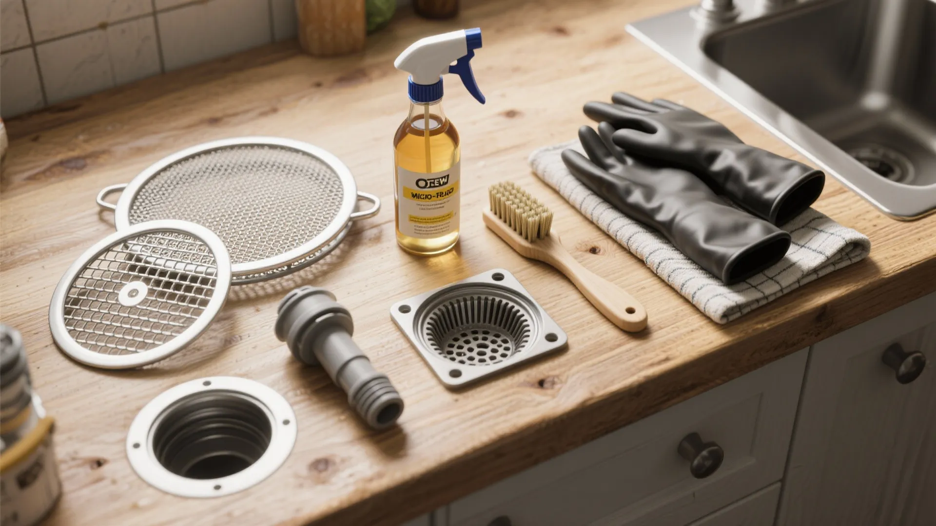 Kitchen sink cleaning supplies with drain filters spray bottle wooden brush and black rubber gloves