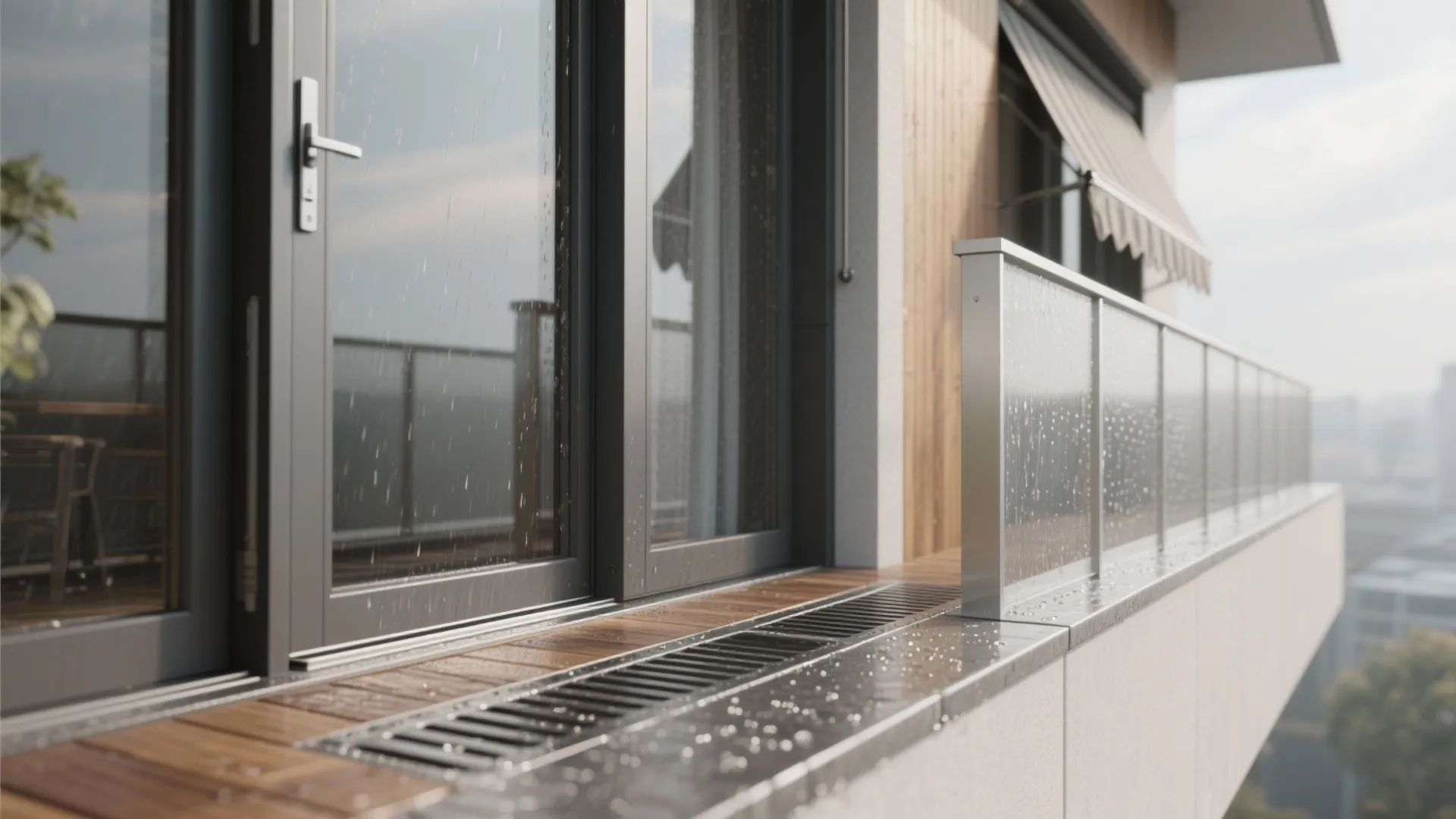 Close up of balcony floor drain with raindrops, glass railing, sliding door, and wooden floor