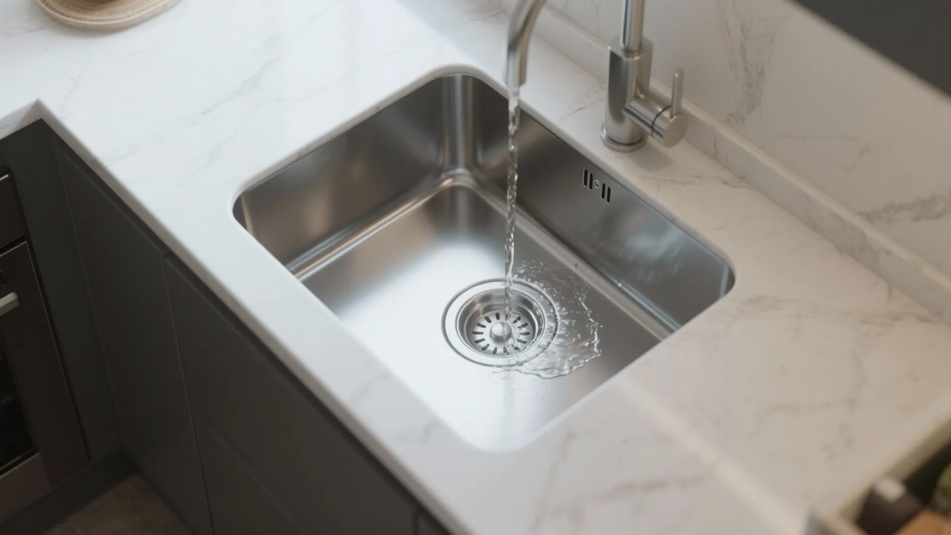 Water flowing from a silver faucet into a stainless steel sink on a white countertop