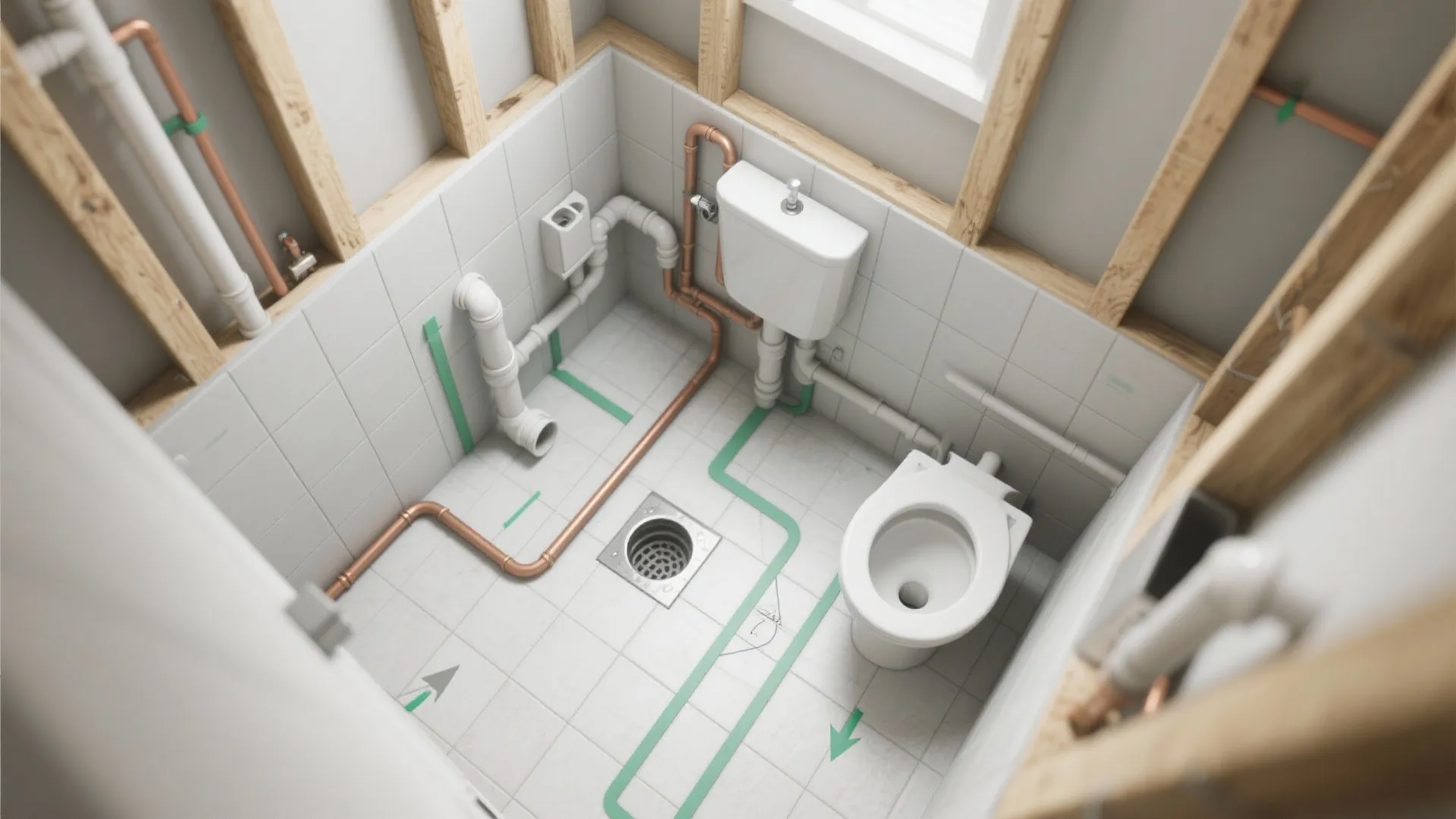 Interior design drawing showing plumbing pipes and floor drain layout in a small bathroom space