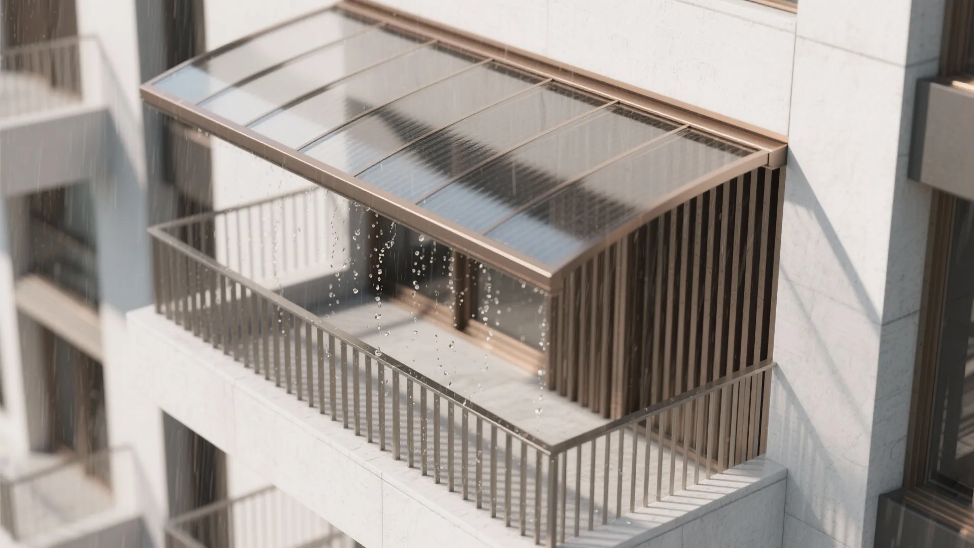 Exterior balcony with glass roof cover and metal railing showing raindrops during a light shower